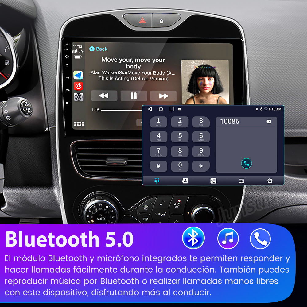 Panel del coche con pantalla que muestra música y un marcador. Logotipo de Bluetooth 5.0 en la parte inferior.