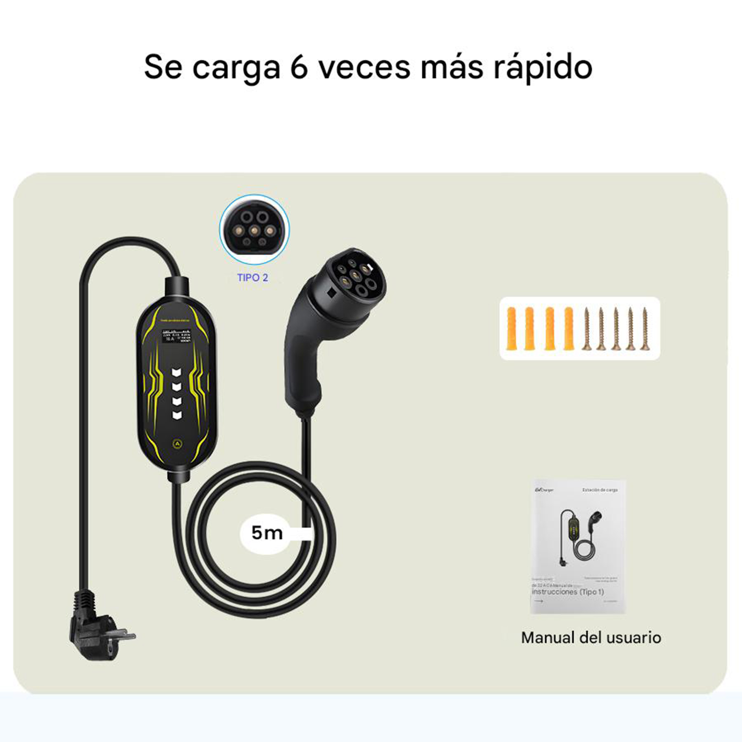 La imagen muestra un cargador de coche eléctrico con estación de carga, enchufe y manual de usuario. El texto dice 'carga 6 veces más rápido'.