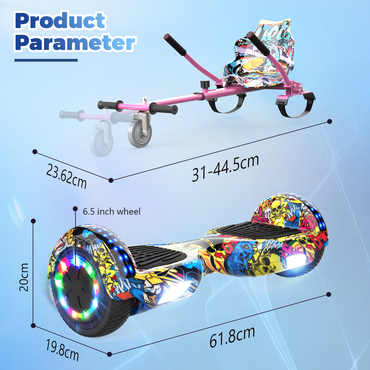 Das Bild zeigt ein Hoverboard und einen pinkfarbenen Kart-Aufsatz. Das Hoverboard hat Graffiti-Kunst und LED-Lichter. Maße sind angegeben.