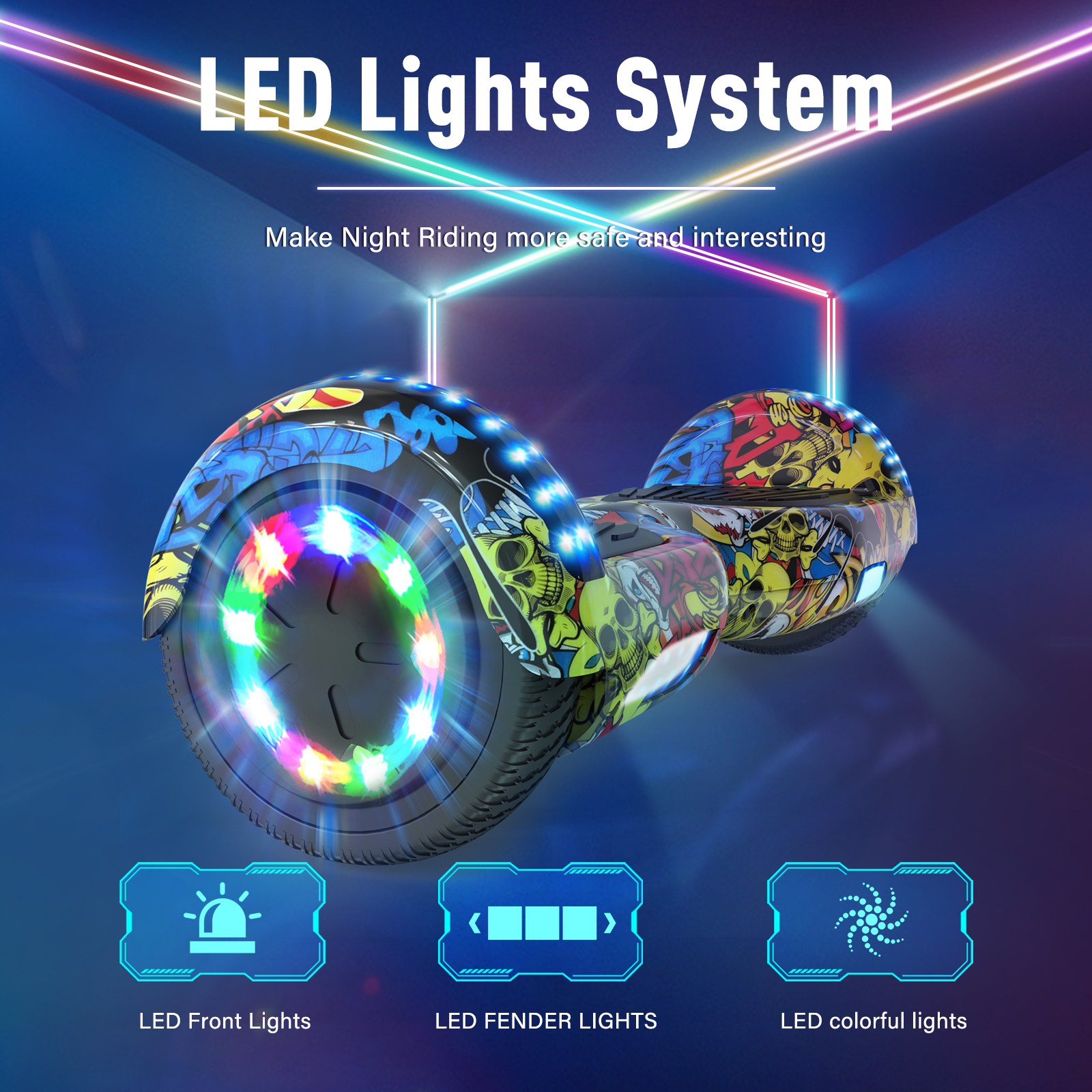 Un hoverboard con luci colorate. Il testo dice Sistema luci a LED. Ha luci anteriori, parafanghi e colorate.