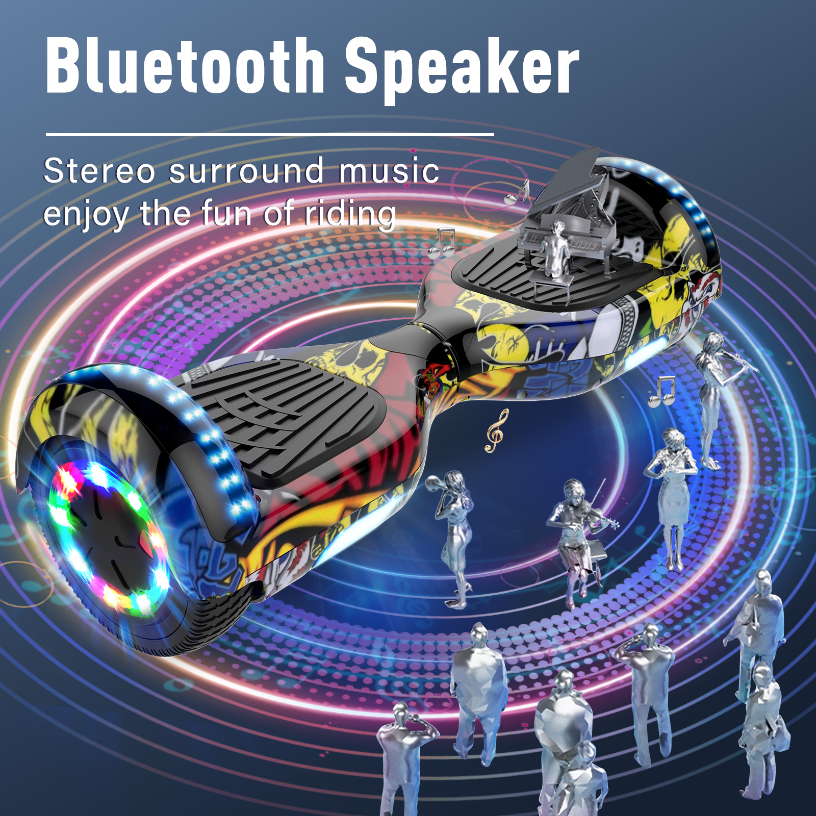 Hoverboard con luci colorate, scritta "Bluetooth Speaker". Figure di musicisti circondano la tavola su sfondo viola.