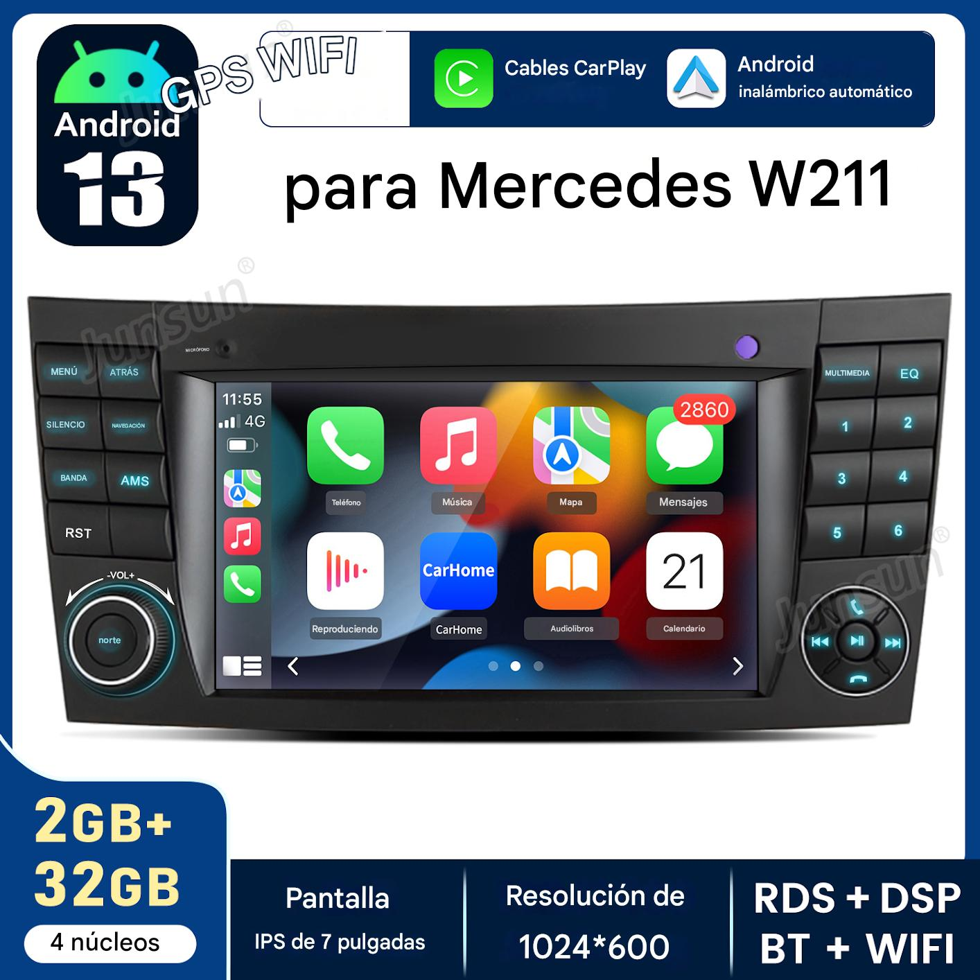 Pantalla de estéreo de coche con interfaz Android 13, mostrando iconos de aplicaciones, controles del coche y texto en español.