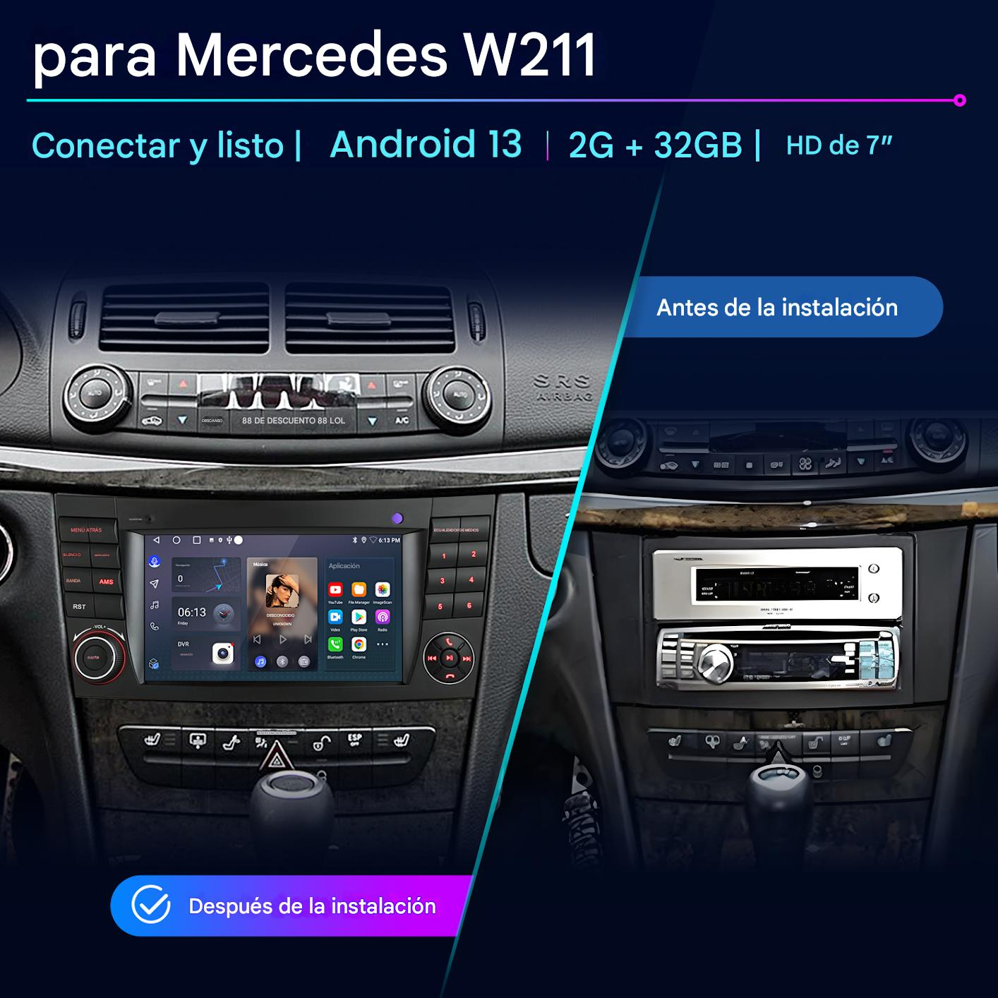 Comparación del salpicadero: radio antigua vs. sistema Android 13 con pantalla HD de 7 pulgadas, mostrando música y apps.