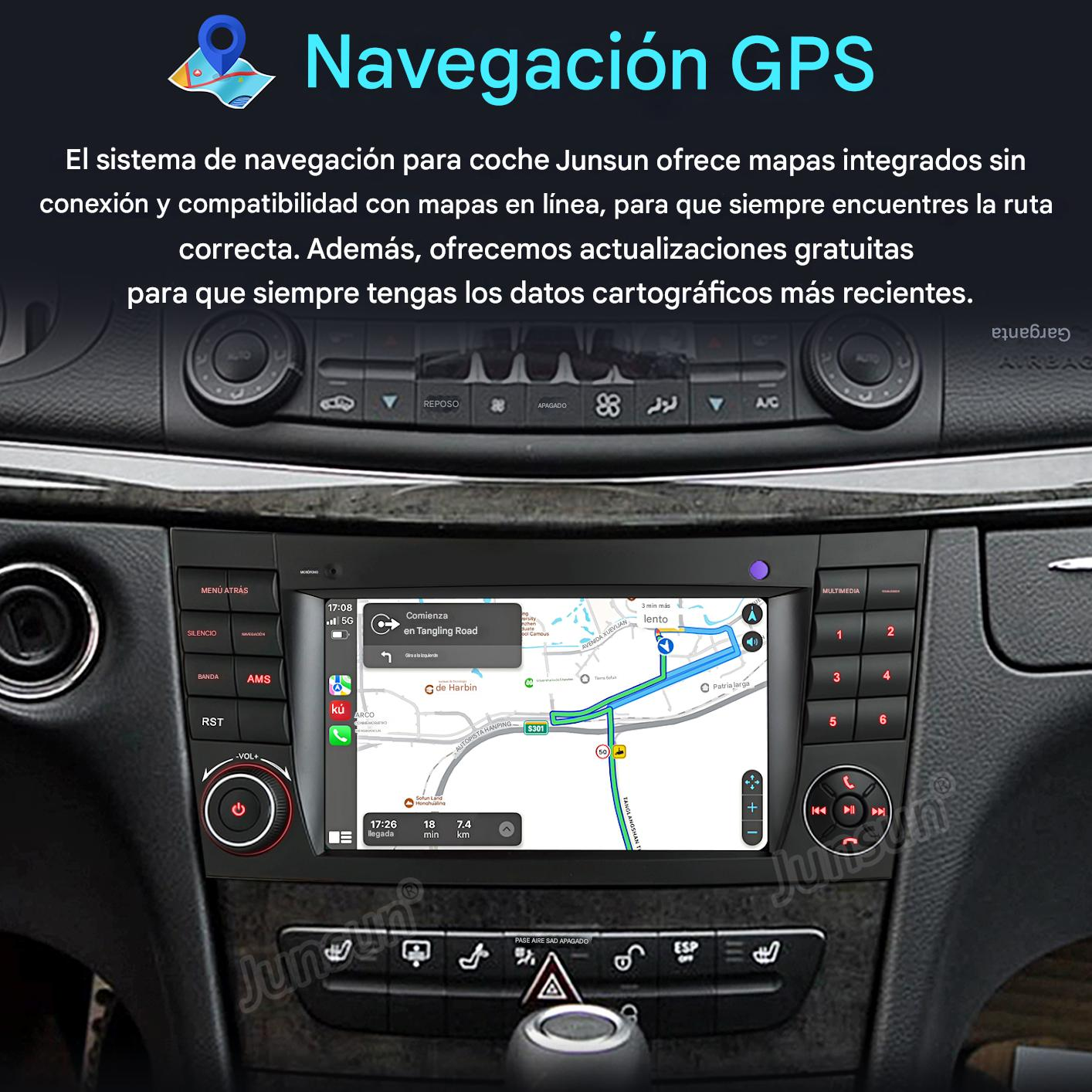 Panel de control del coche con pantalla de navegación GPS, mapa y botones.