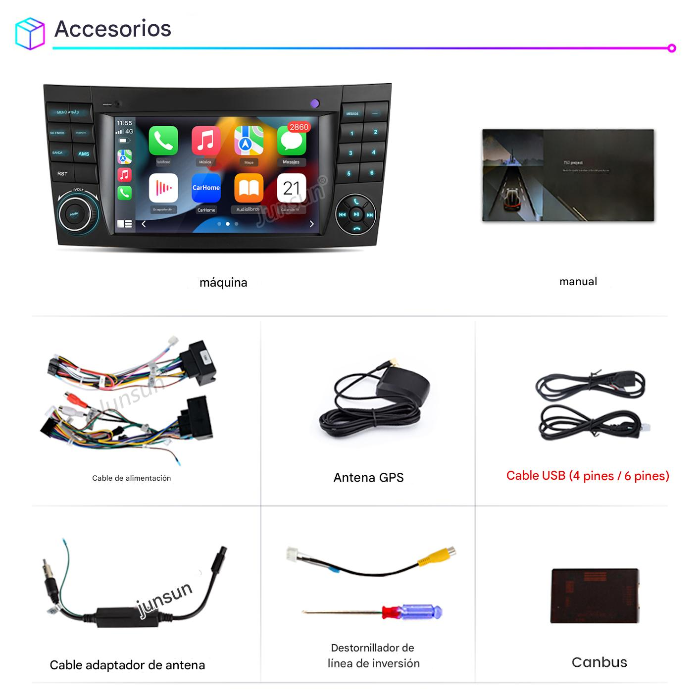 La imagen muestra accesorios para automóviles: una máquina, un manual, cables, una antena GPS, un cable USB, un adaptador de antena, un destornillador y Canbus.