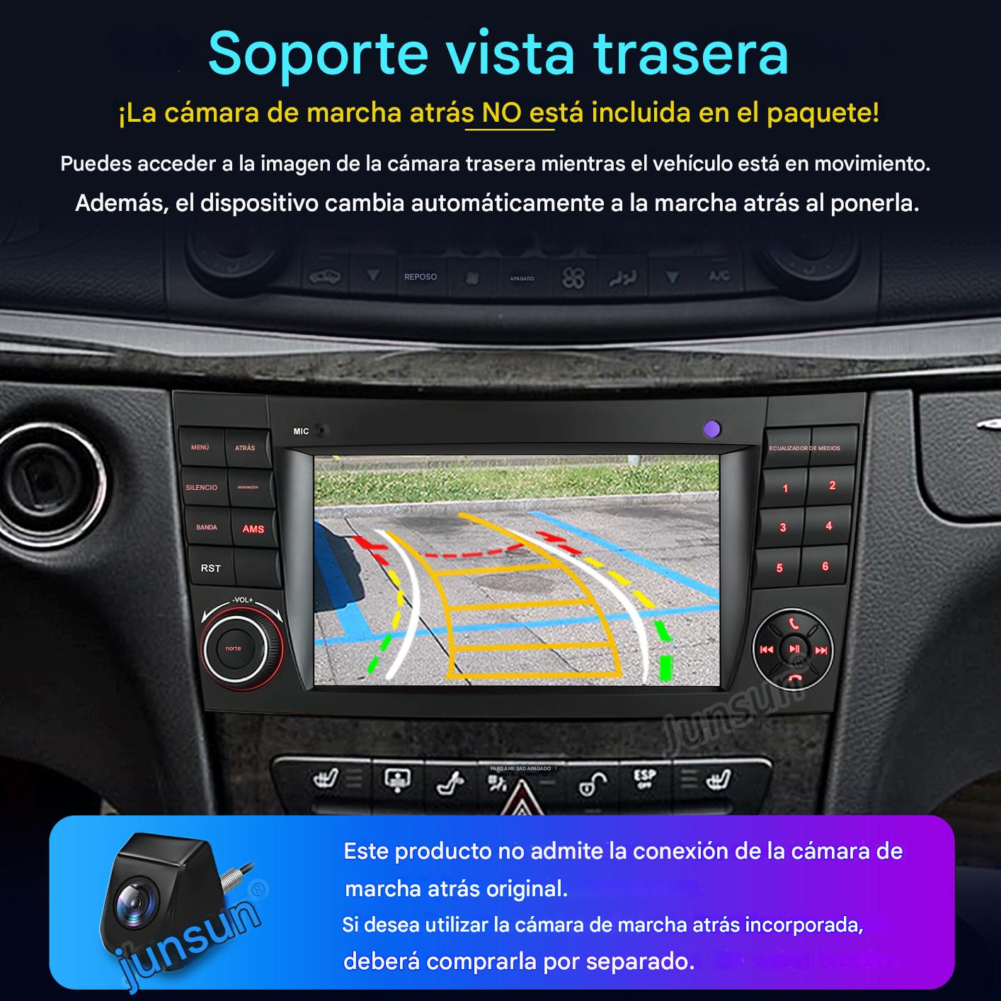Panel del coche con pantalla de cámara de marcha atrás, botones y una pequeña cámara. Texto en español describe el producto.