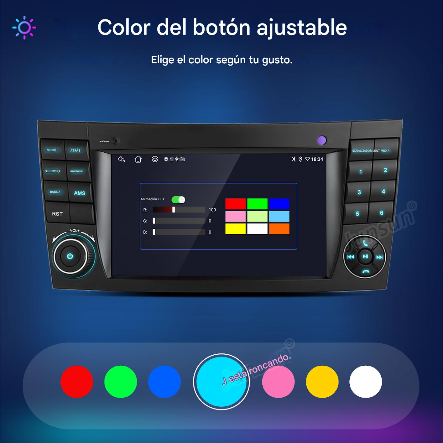Autorradio con opciones de ajuste de color. Botones para menú, navegación y radio. Selección de color: rojo, rosa, azul, amarillo, blanco y otros.