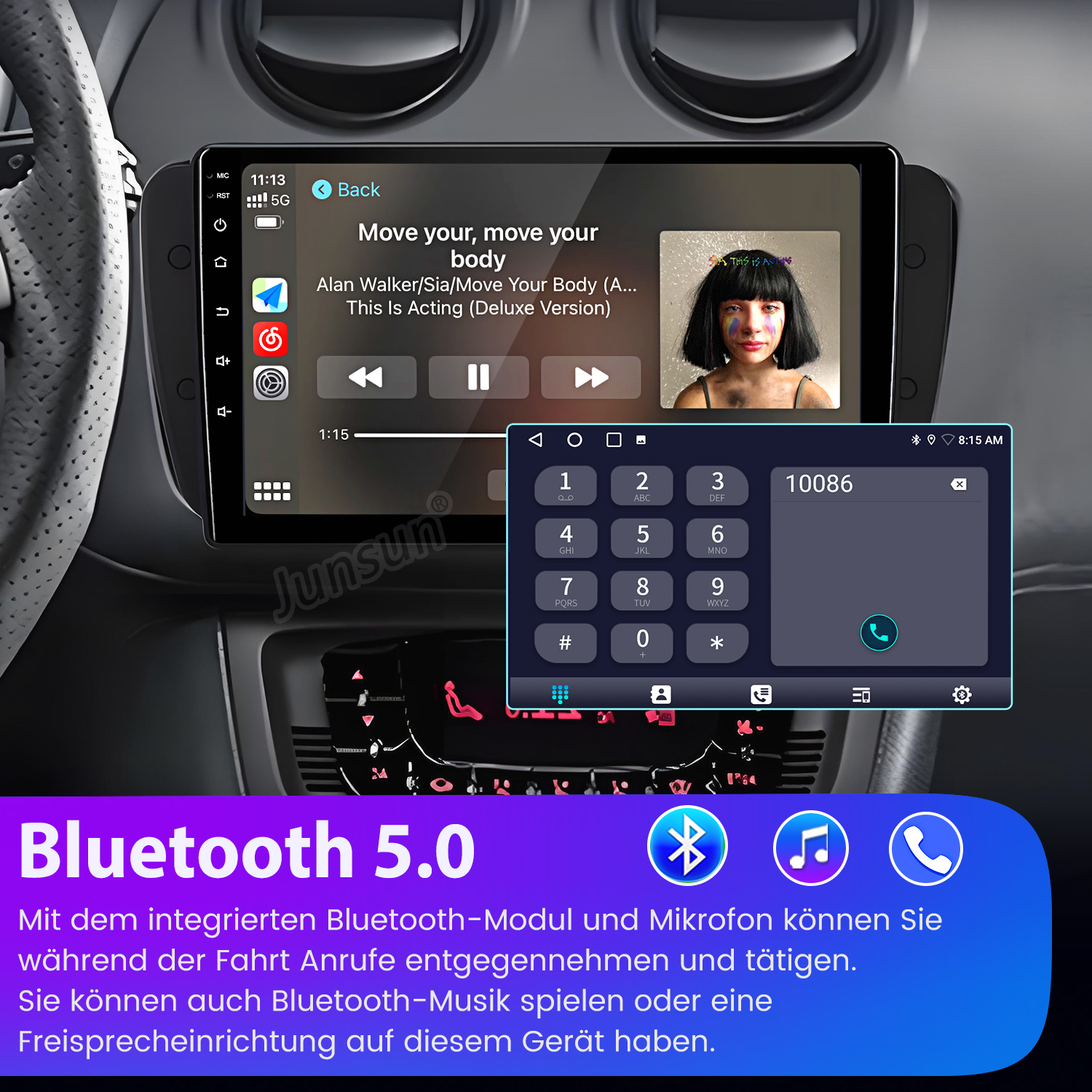 Auto-Multimedia-Bildschirm mit Musik und einem Telefonwähler. Bluetooth 5.0 Logo und Text sind ebenfalls sichtbar.