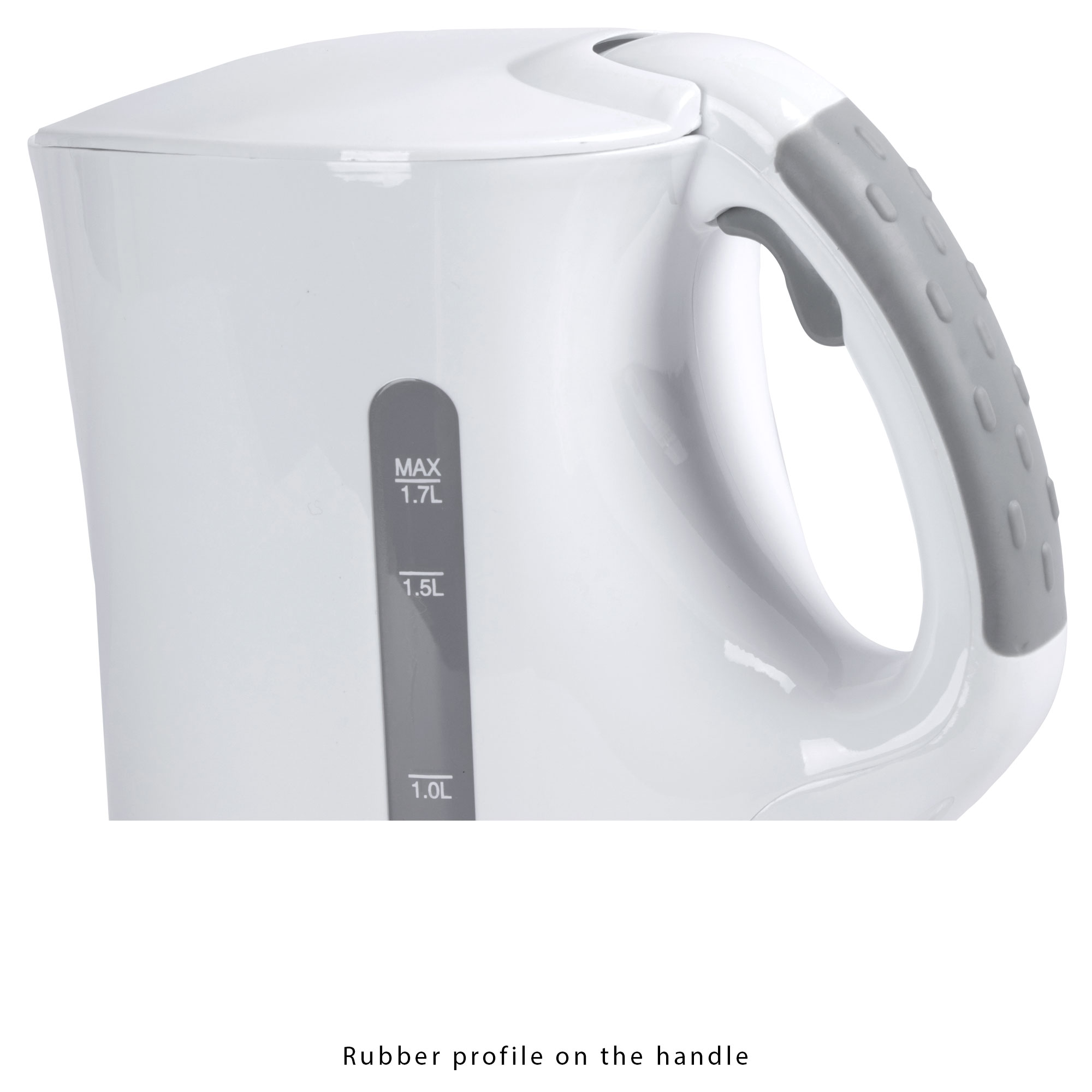 Biały czajnik elektryczny z szarym uchwytem. Uchwyt ma gumowy profil. Widoczny wskaźnik poziomu wody.