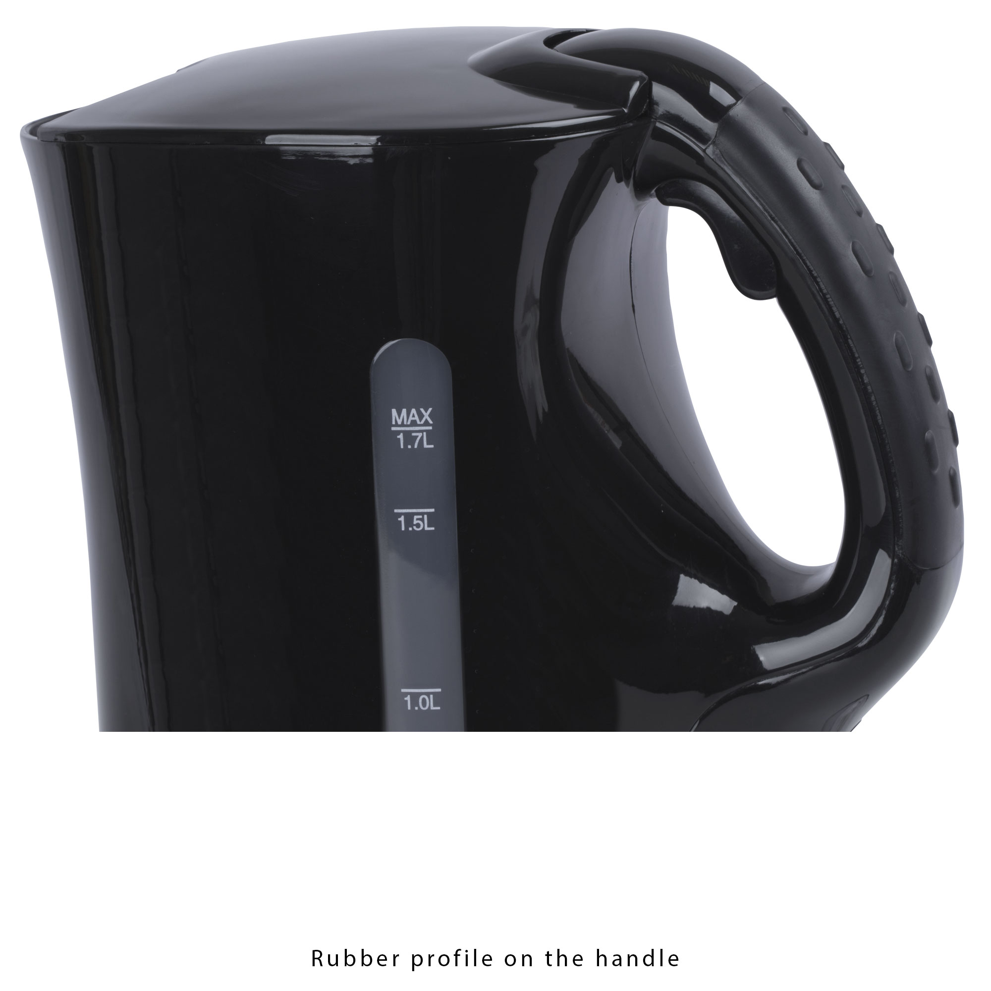 Zbliżenie czarnego czajnika elektrycznego z gumowym uchwytem i wskaźnikiem poziomu wody.