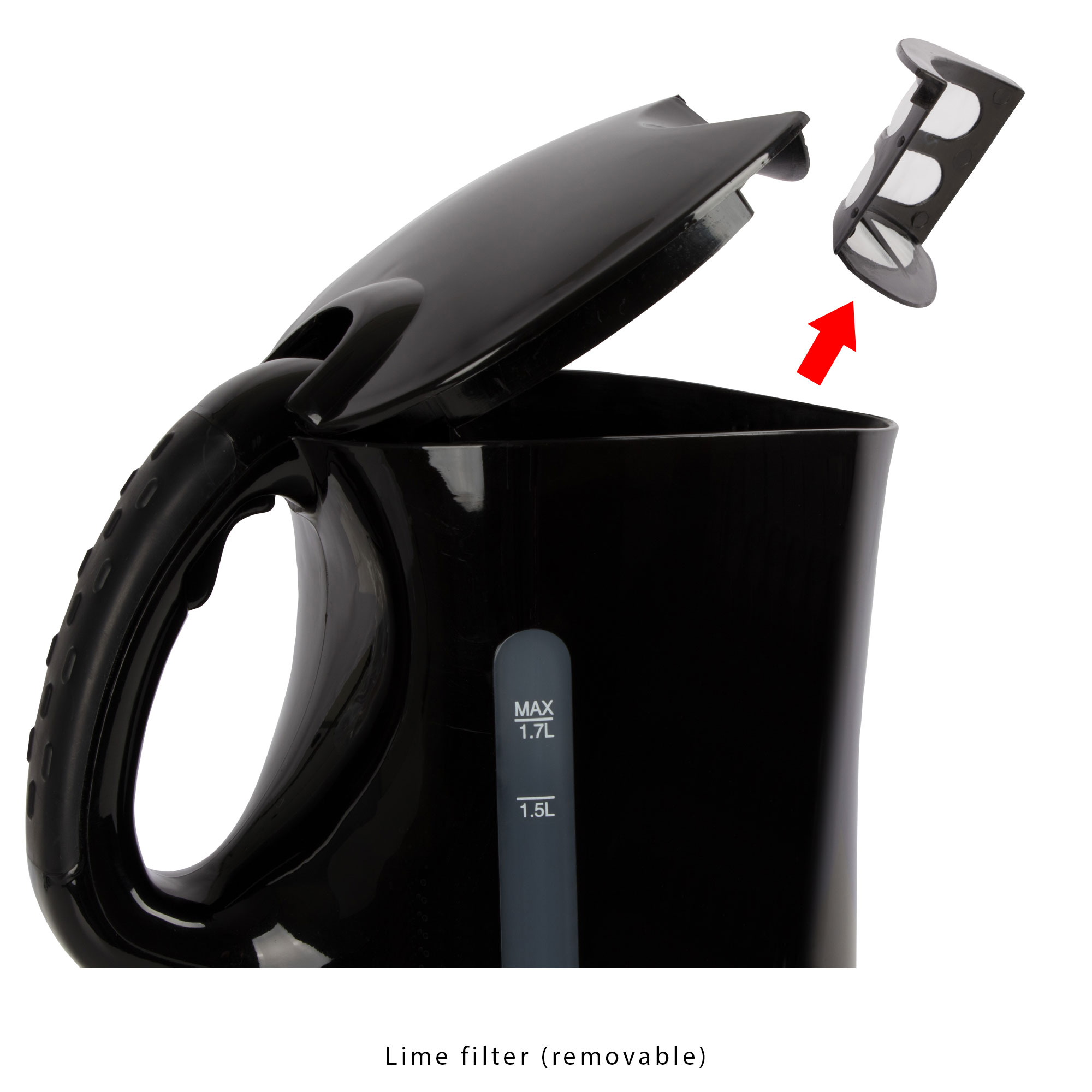 Czajnik czarny z otwartą pokrywą, filtrem wapiennym i strzałką wskazującą na niego. Filtr jest wyjmowany.