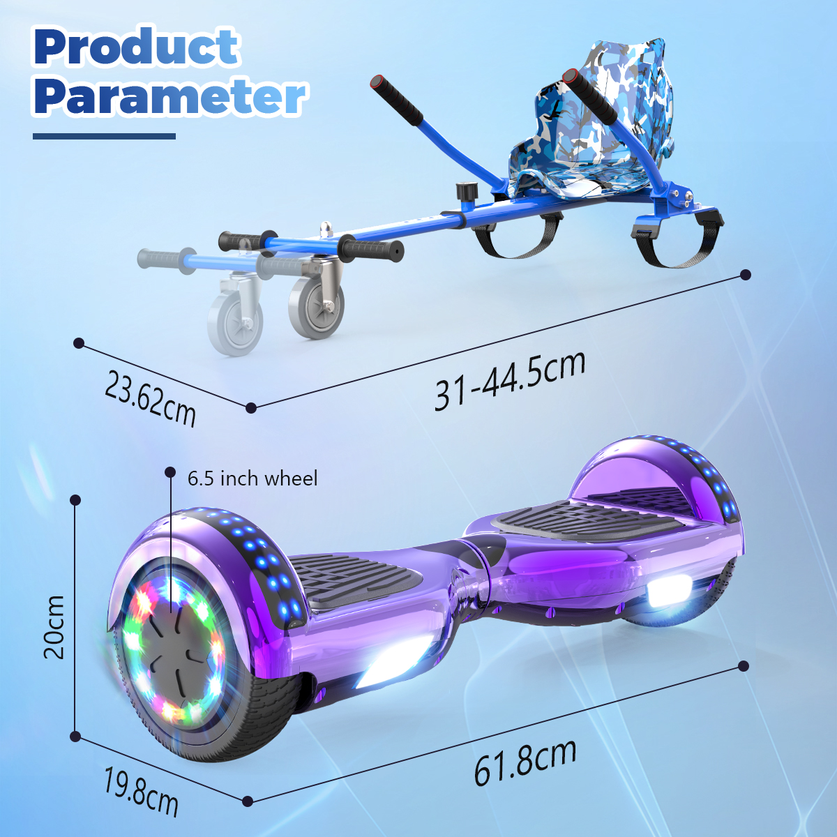 Das Bild zeigt ein lilafarbenes Hoverboard und einen blauen Go-Kart-Aufsatz. Abmessungen werden angezeigt. Lichter sind am Hoverboard.