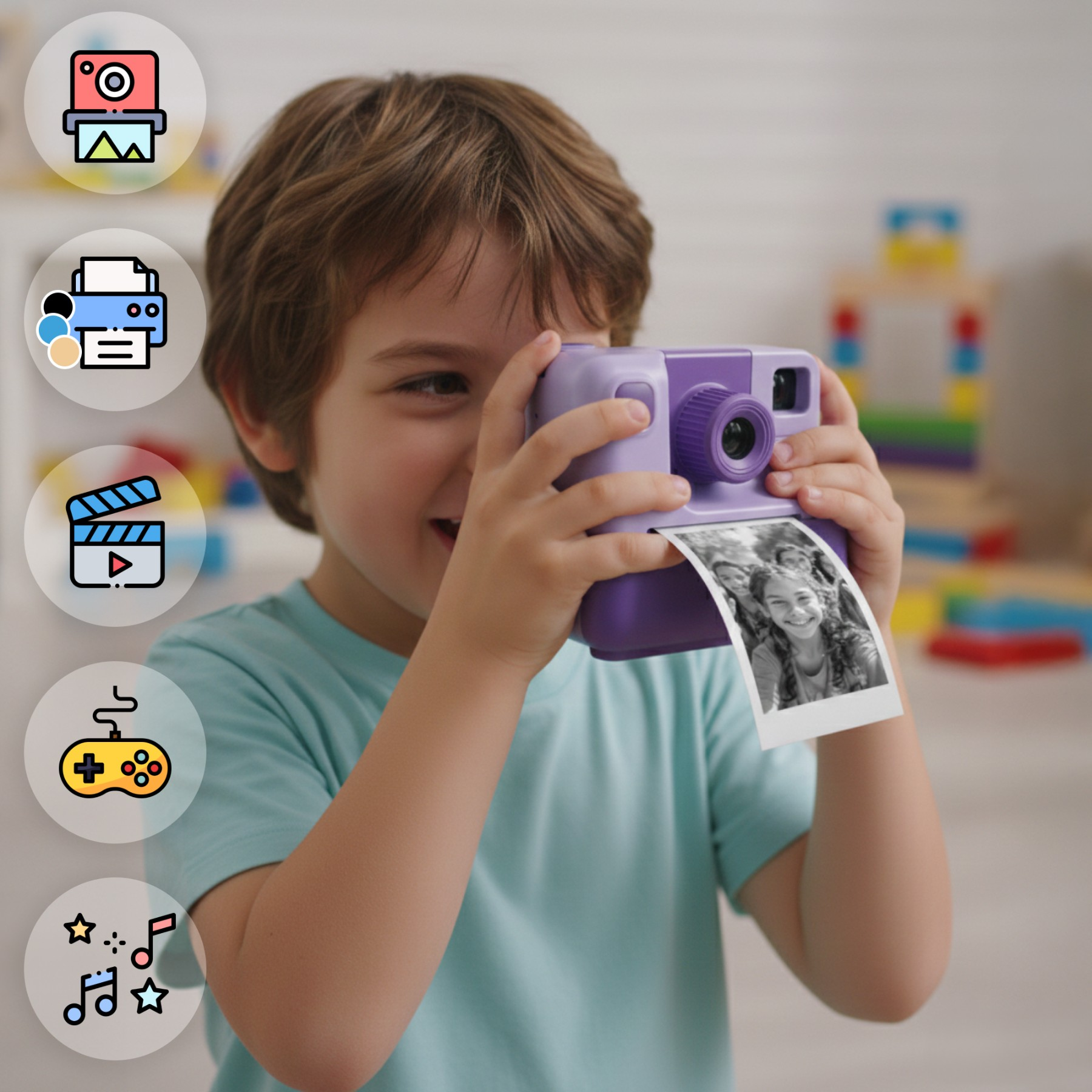 Uśmiechnięty chłopiec robi zdjęcie fioletowym aparatem natychmiastowym. Pojawia się zdjęcie. Ikony są w tle.