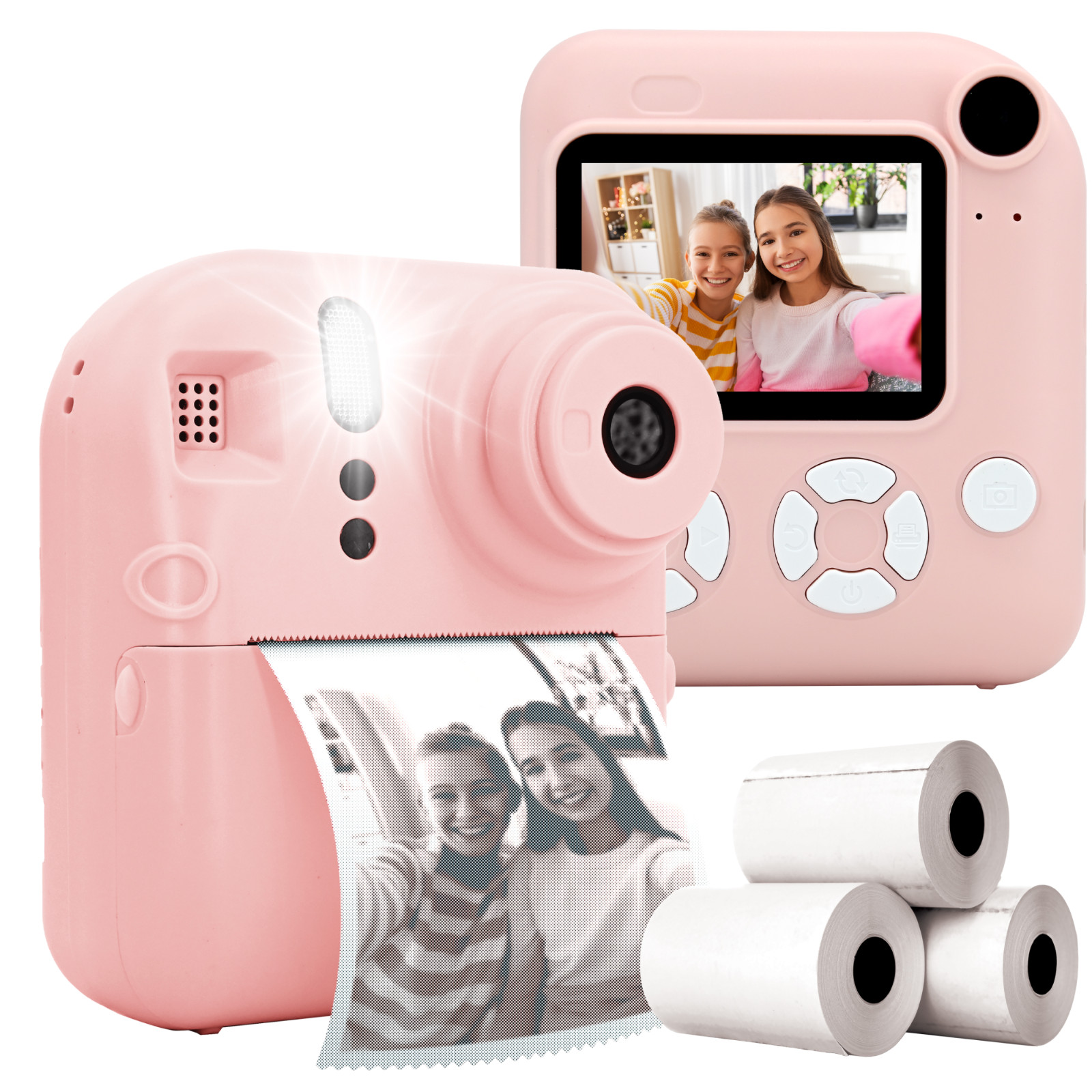 Różowy aparat natychmiastowy z wydrukowanym zdjęciem dwóch dziewczyn. Rolki papieru obok. Aparat pokazuje dziewczyny robiące selfie.