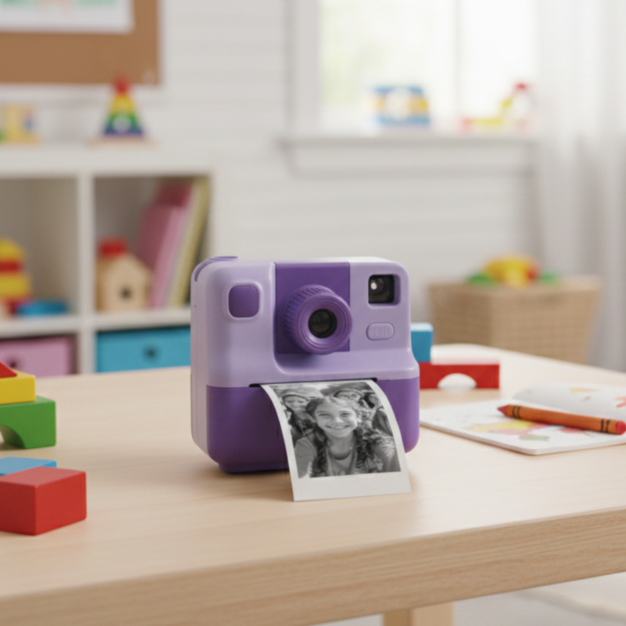 Fioletowy aparat natychmiastowy drukuje czarno-białe zdjęcie dziewczyny. Zabawki i kredki leżą na stole.