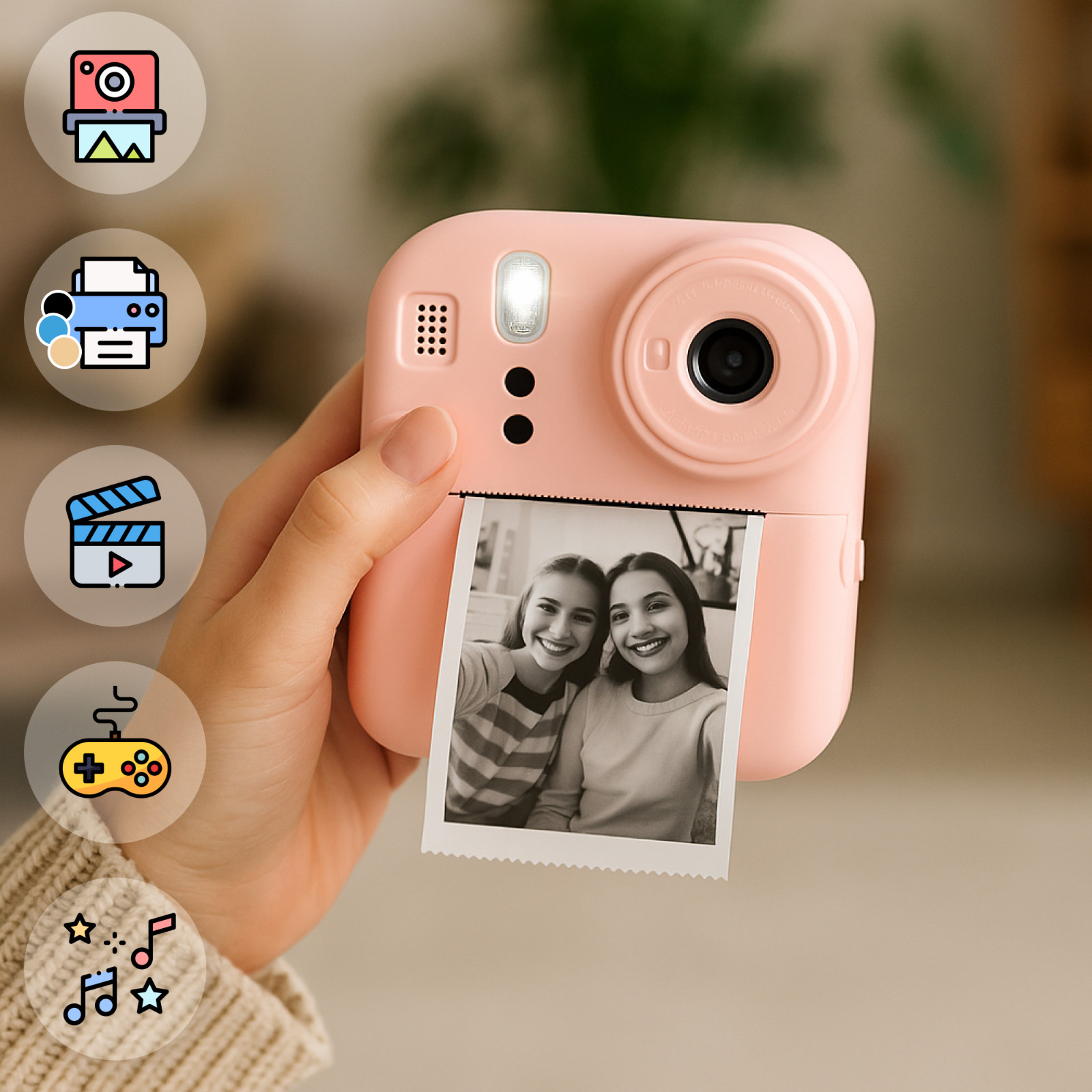 Różowy aparat natychmiastowy drukujący zdjęcie dwóch uśmiechniętych kobiet. Po lewej ikony mediów.