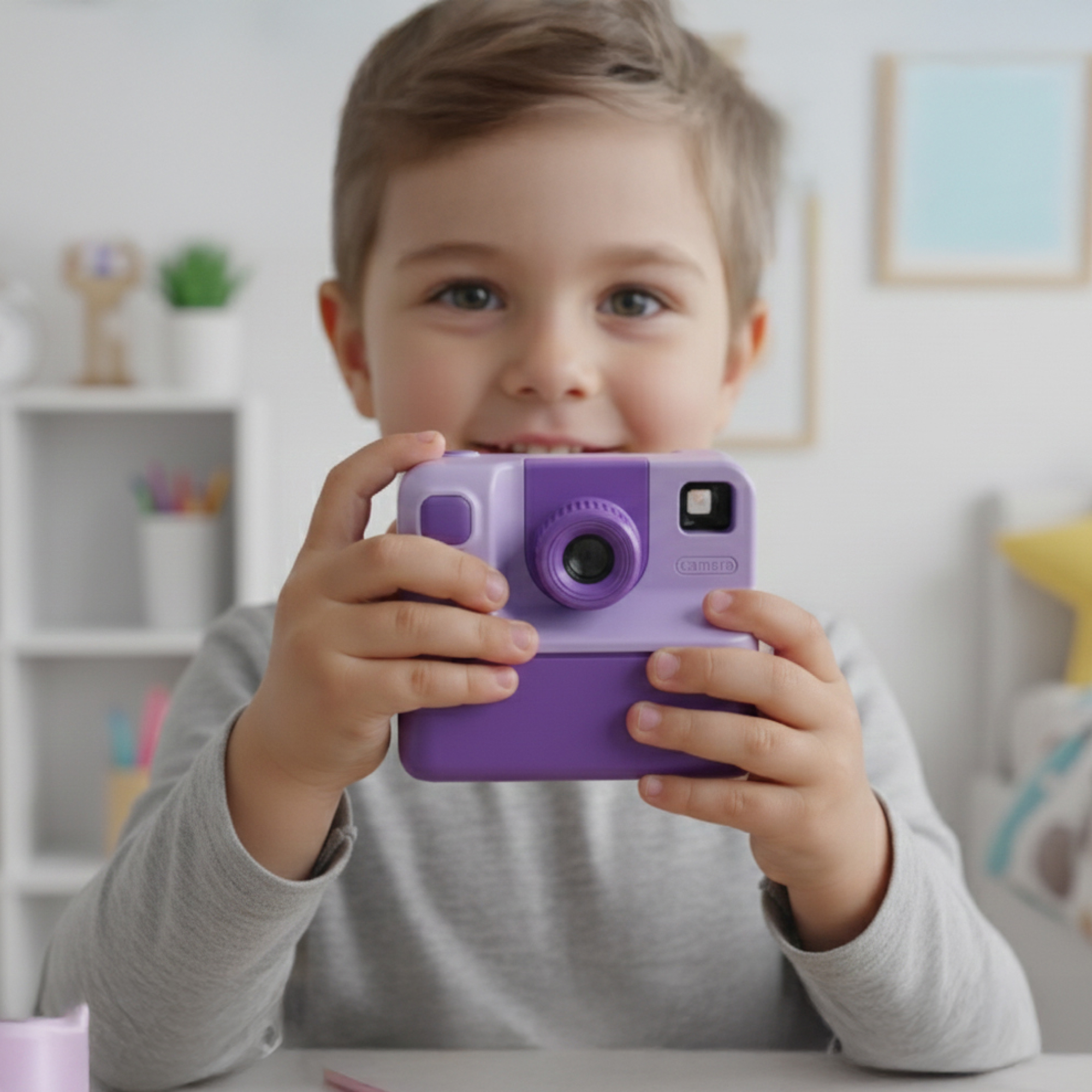 Uśmiechnięte dziecko trzyma fioletowy aparat. Tło to półki, zdjęcia i łóżko.