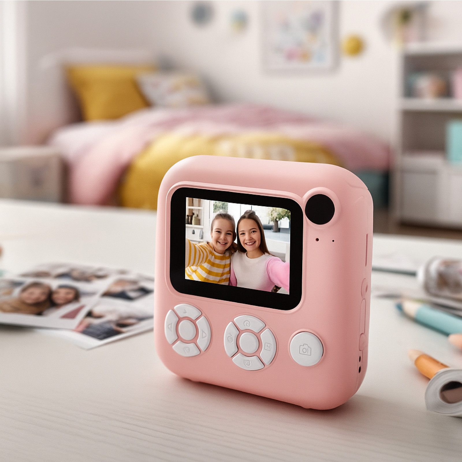 Różowy aparat natychmiastowy z dwiema dziewczynami. Zdjęcia i ołówki na stole. Sypialnia z żółtą i różową pościelą.