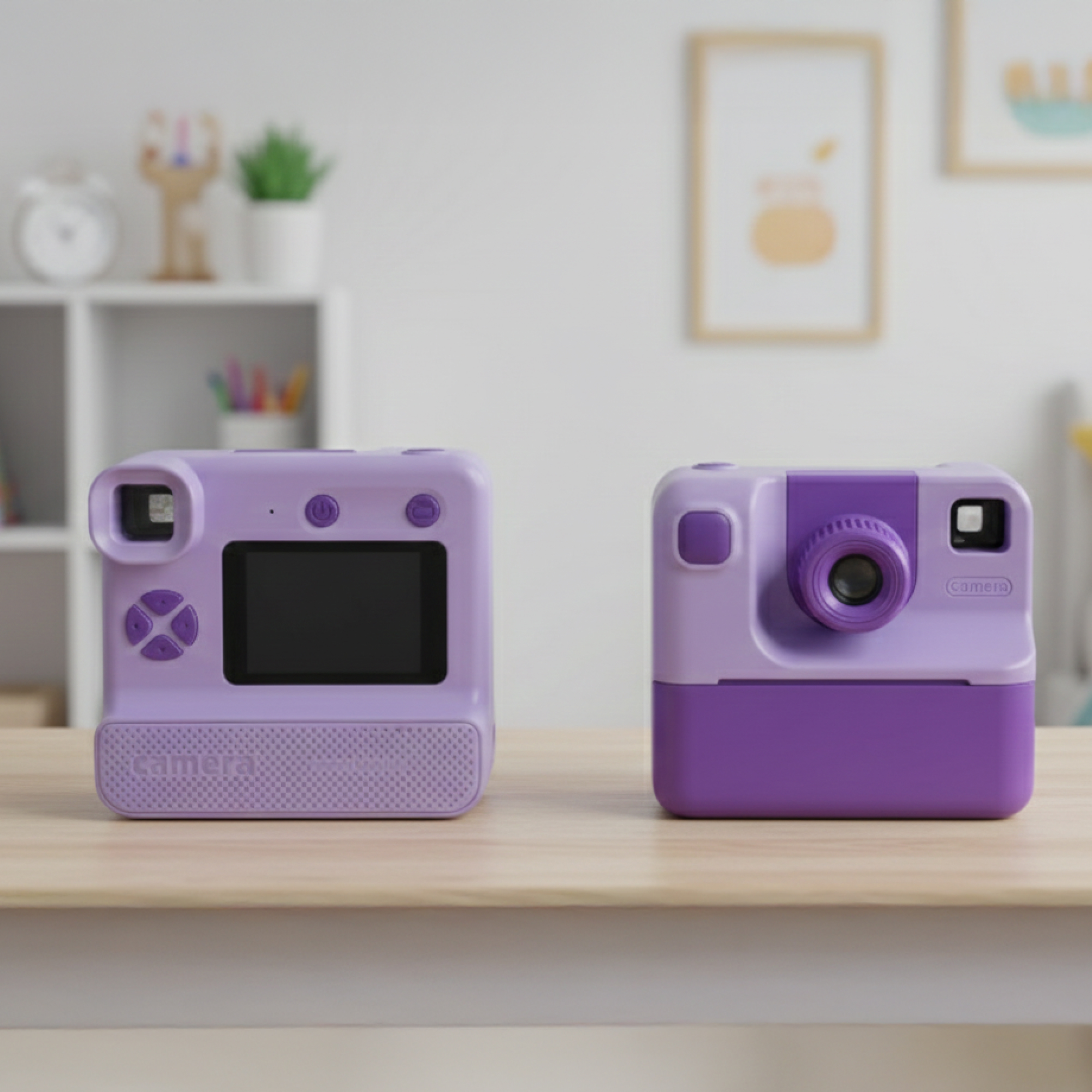 Dwa fioletowe aparaty na drewnianym stole. Jeden ma ekran, drugi obiektyw. Tło z ramkami i półką.