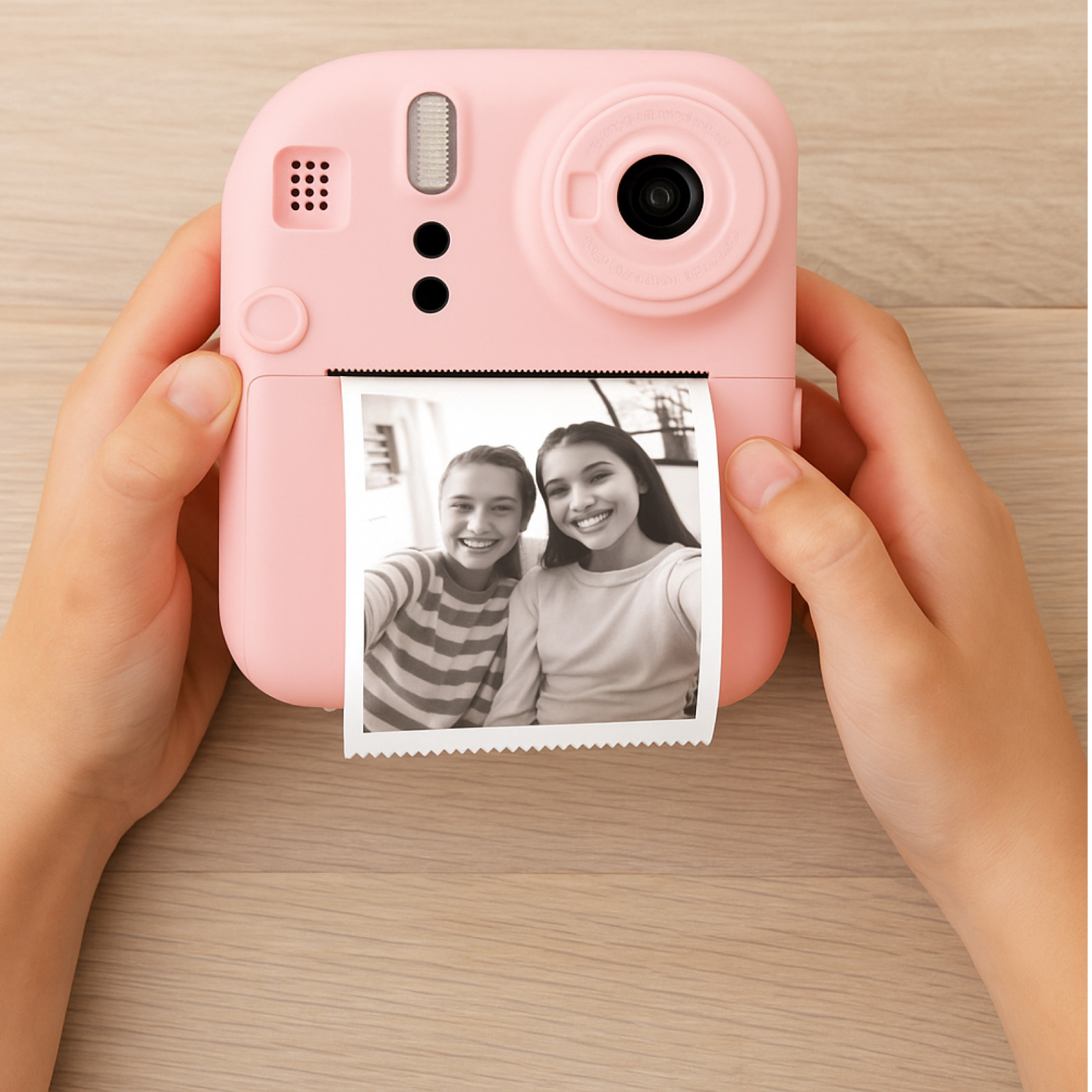 Różowy aparat natychmiastowy w dłoniach. Drukuje się zdjęcie dwóch uśmiechniętych dziewczyn.