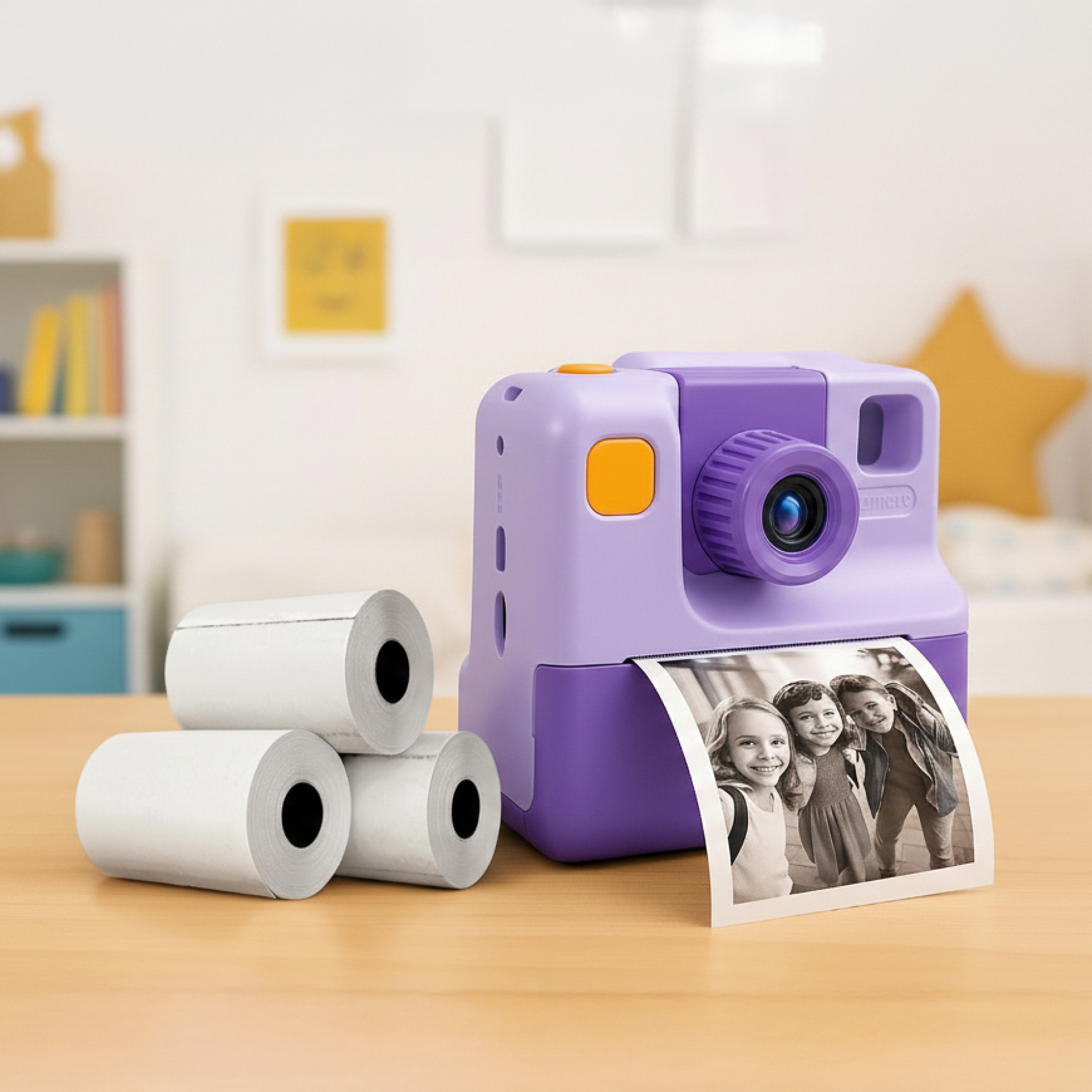 Fioletowy aparat natychmiastowy drukuje zdjęcie trojga uśmiechniętych dzieci. Na stole leżą rolki papieru.