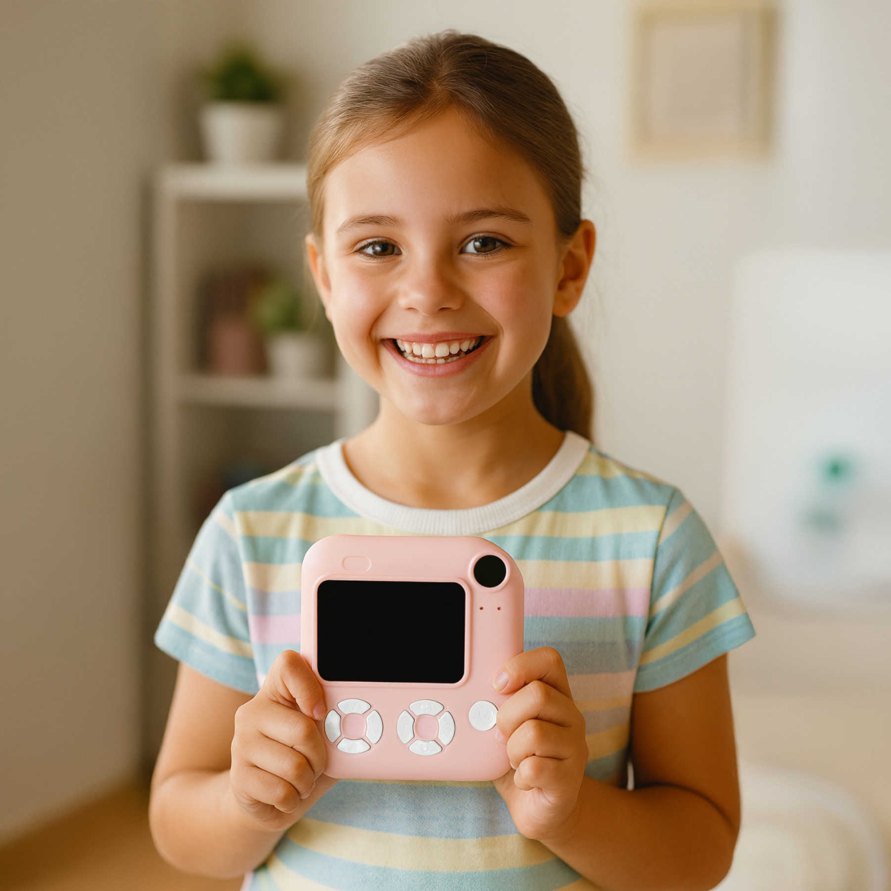 Uśmiechnięta dziewczyna trzyma różowy aparat natychmiastowy. Ma na sobie koszulkę w paski. Tło zawiera półki i rozmyty obraz.