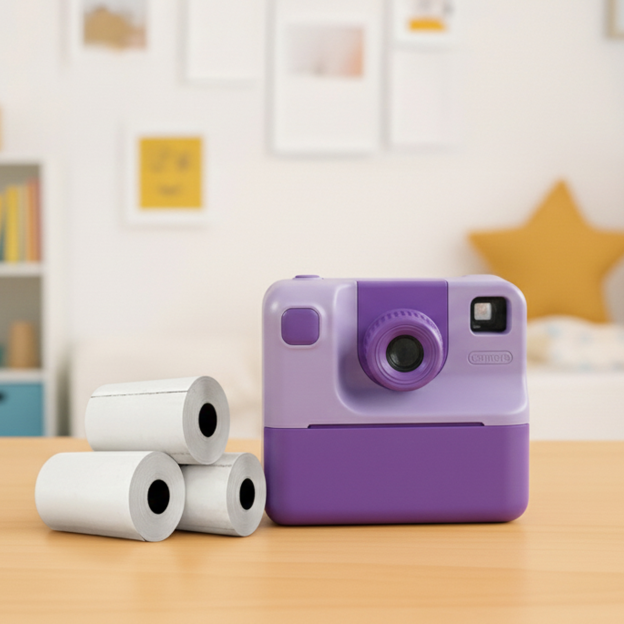 Fioletowy i lawendowy aparat stoi obok rolek papieru na drewnianym stole. W tle poduszka w kształcie gwiazdy.