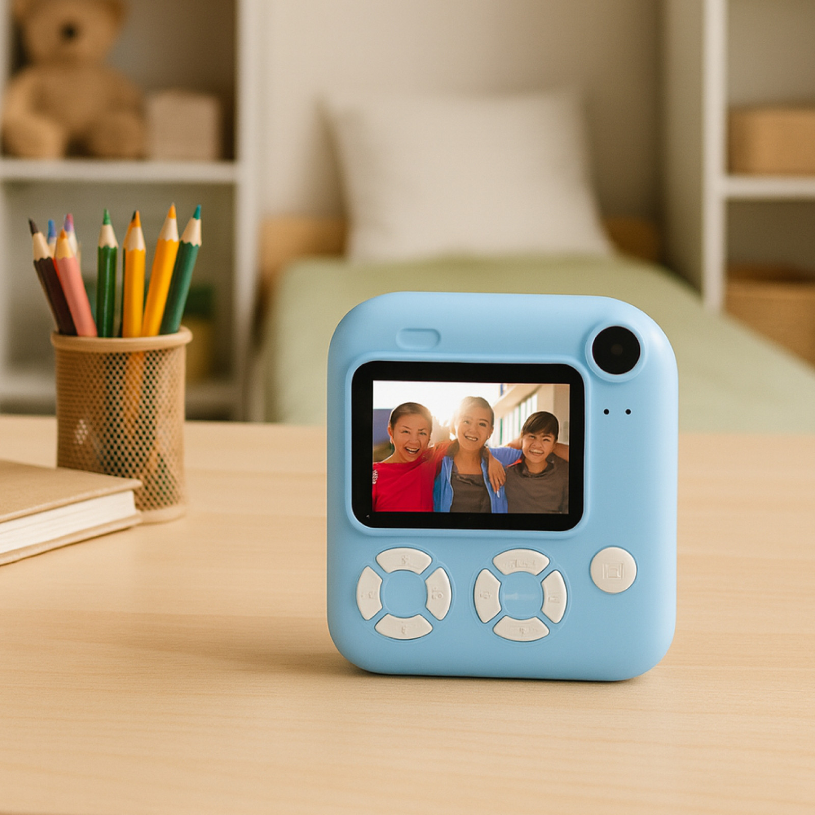 Niebieski aparat natychmiastowy wyświetla zdjęcie trzech uśmiechniętych osób. W pobliżu leżą kredki i notatnik.
