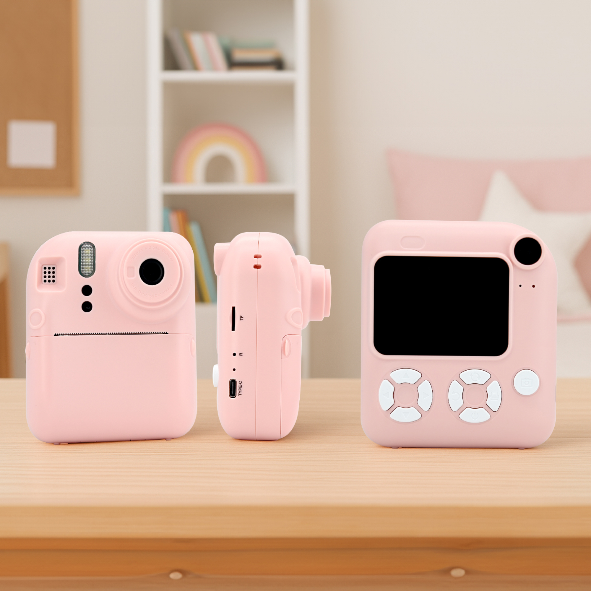 Trzy różowe aparaty na drewnianym stole. Biała półka i tęczowa dekoracja w tle.