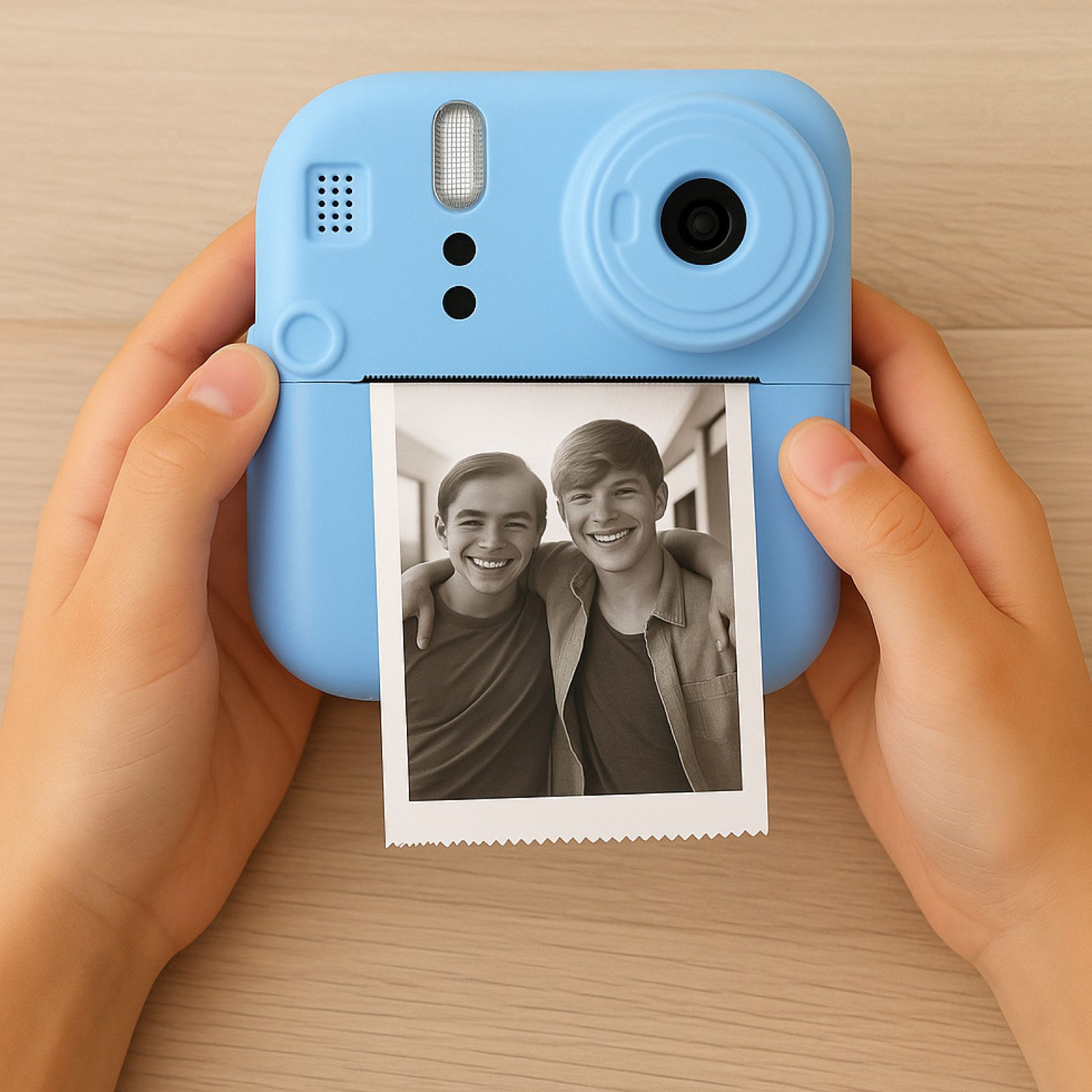 Niebieski aparat natychmiastowy trzyma czarno-białe zdjęcie dwóch uśmiechniętych chłopców, trzymane przez dłonie na drewnianej powierzchni.