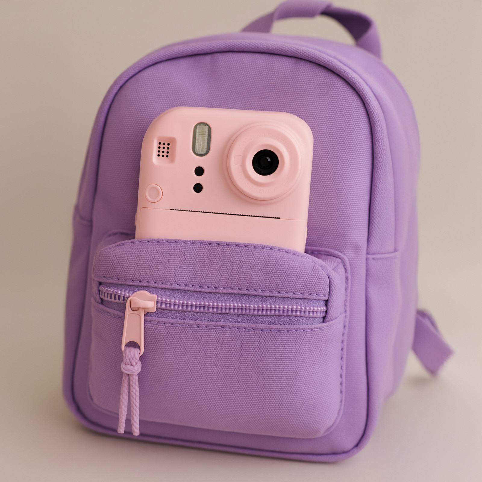 Różowy aparat fotograficzny jest w przedniej kieszeni fioletowego plecaka. Tło jest jasne.