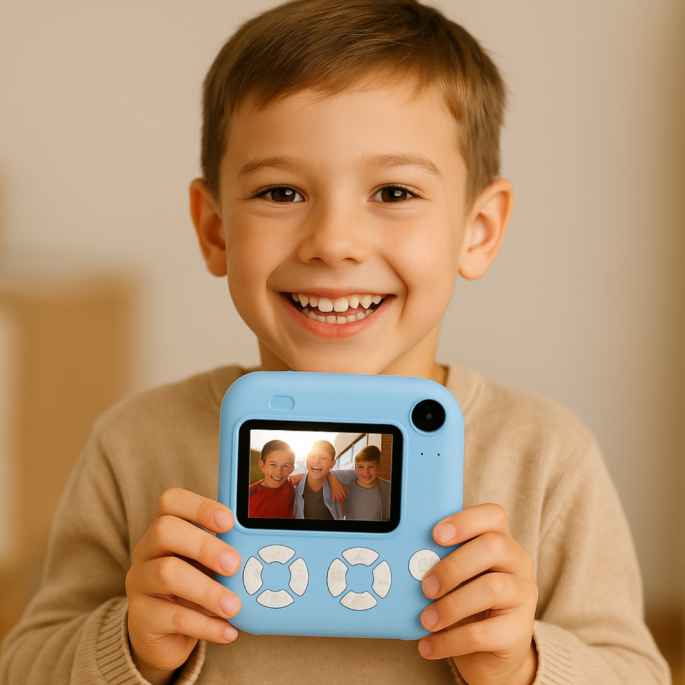 Uśmiechnięty chłopiec trzyma jasnoniebieski aparat natychmiastowy, pokazując zdjęcie trzech chłopców. Ma na sobie beżowy sweter.