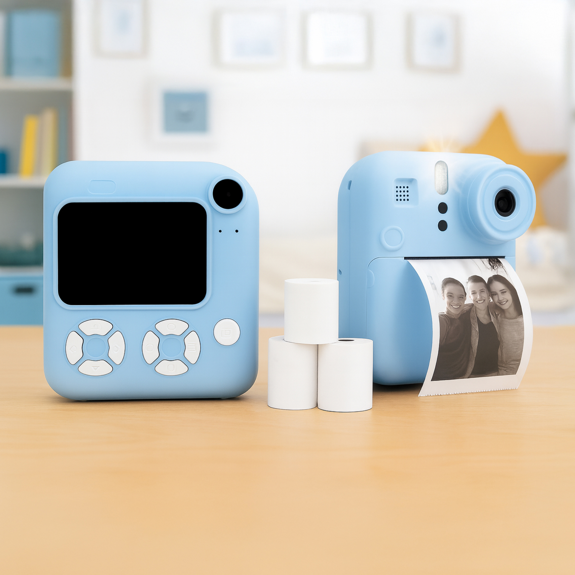 Dwa niebieskie aparaty natychmiastowe, jeden drukuje zdjęcie trzech osób. Trzy rolki białego papieru obok.
