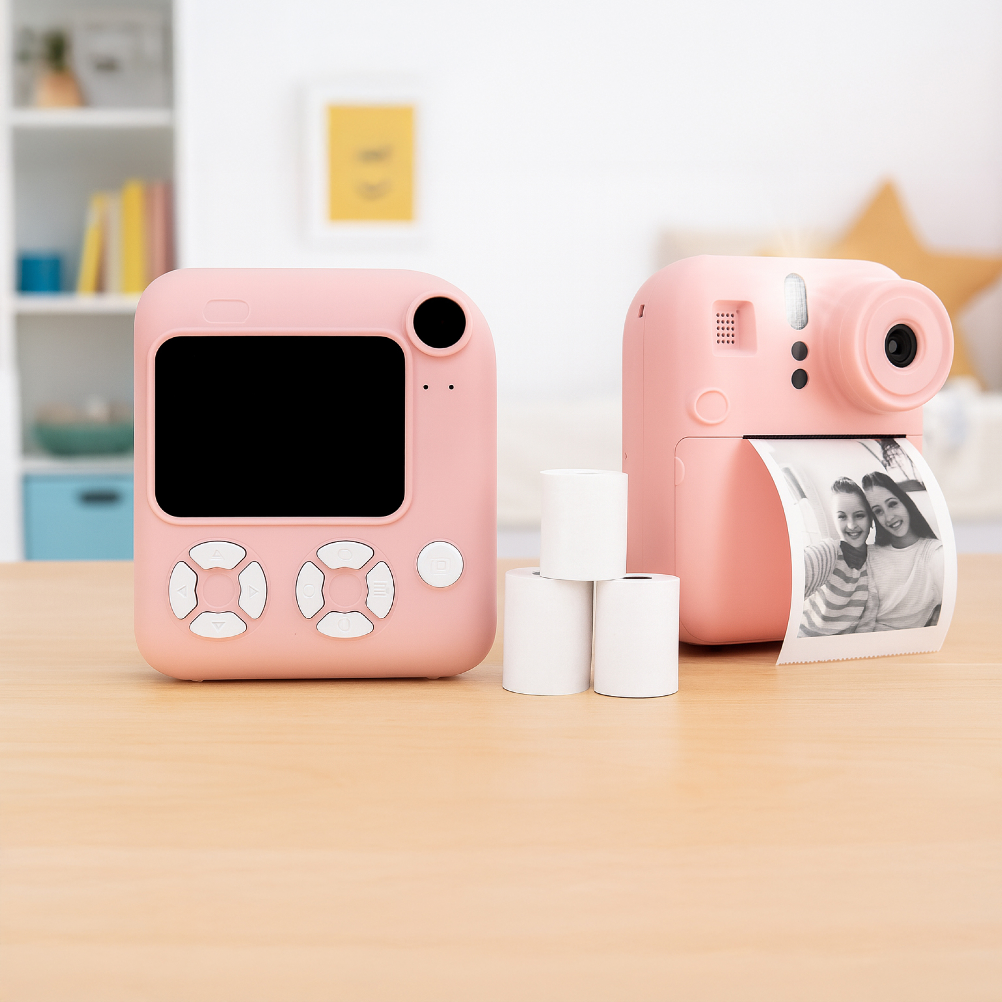 Różowy aparat natychmiastowy drukuje zdjęcie. Rolki papieru i drugi aparat na drewnianym stole. Tło pokazuje półkę.