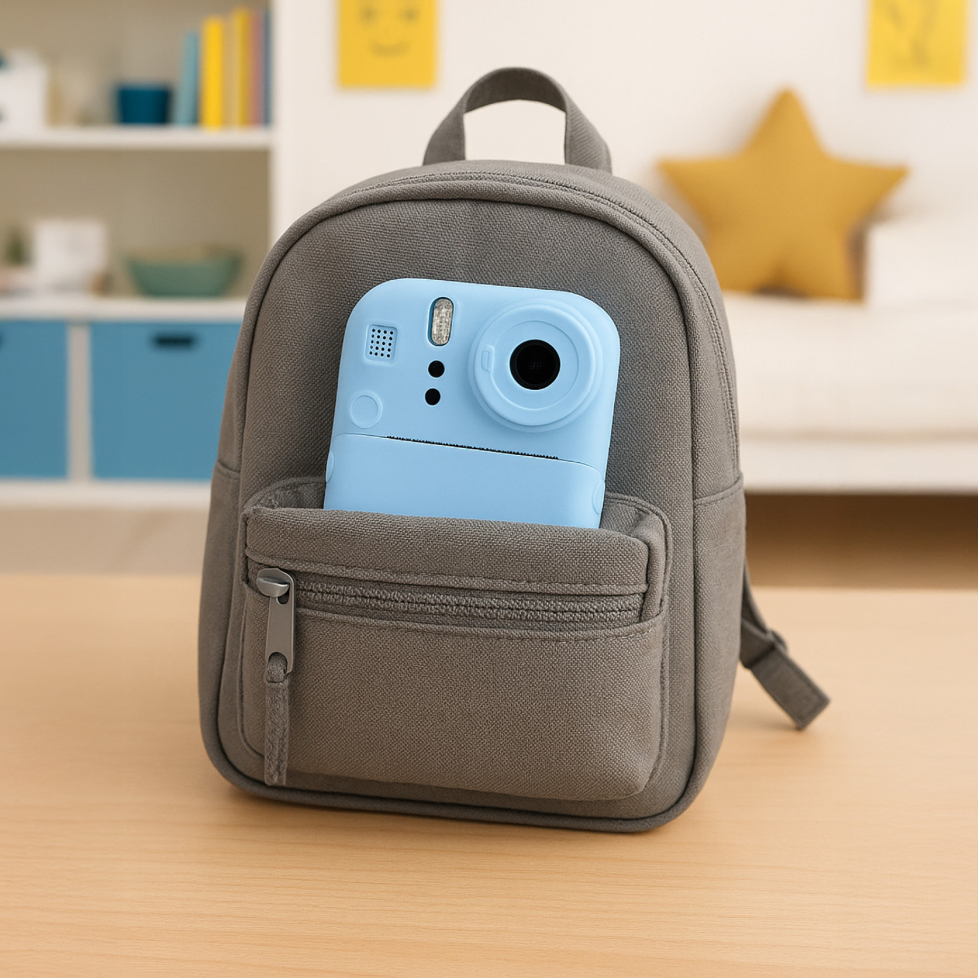 Szary plecak z niebieskim aparatem w kieszeni. Poduszka w kształcie gwiazdy w tle po prawej stronie.