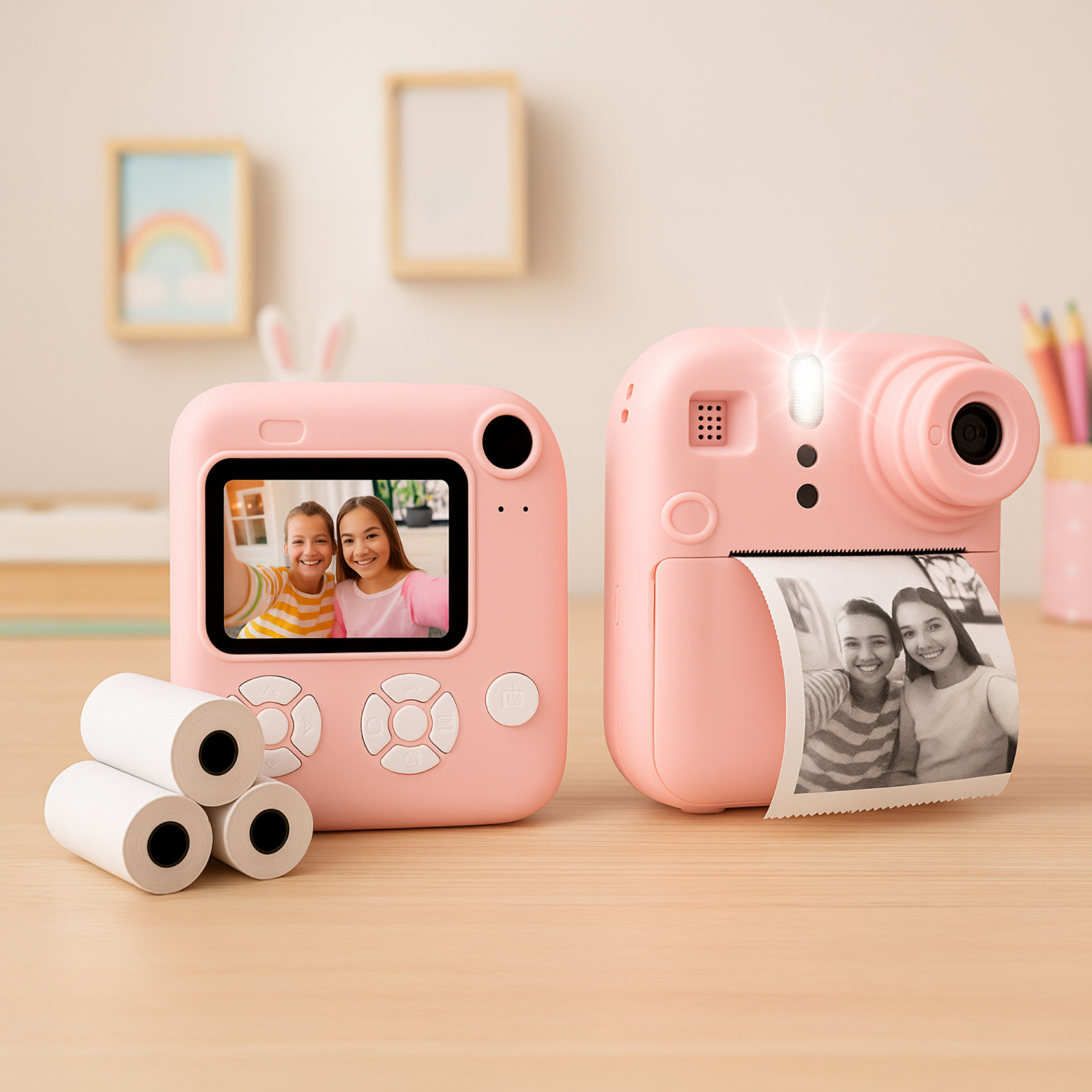 Dwa różowe aparaty natychmiastowe ze zdjęciami; jeden pokazuje dwie dziewczyny, drugi drukuje zdjęcie. Obecne są również rolki papieru.