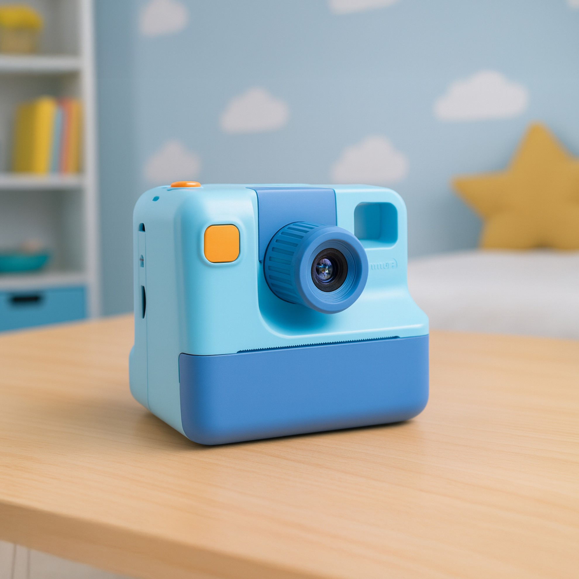 Niebieski i granatowy aparat stoi na drewnianym stole. Na tle niebieska ściana z chmurami i żółtą gwiazdą.