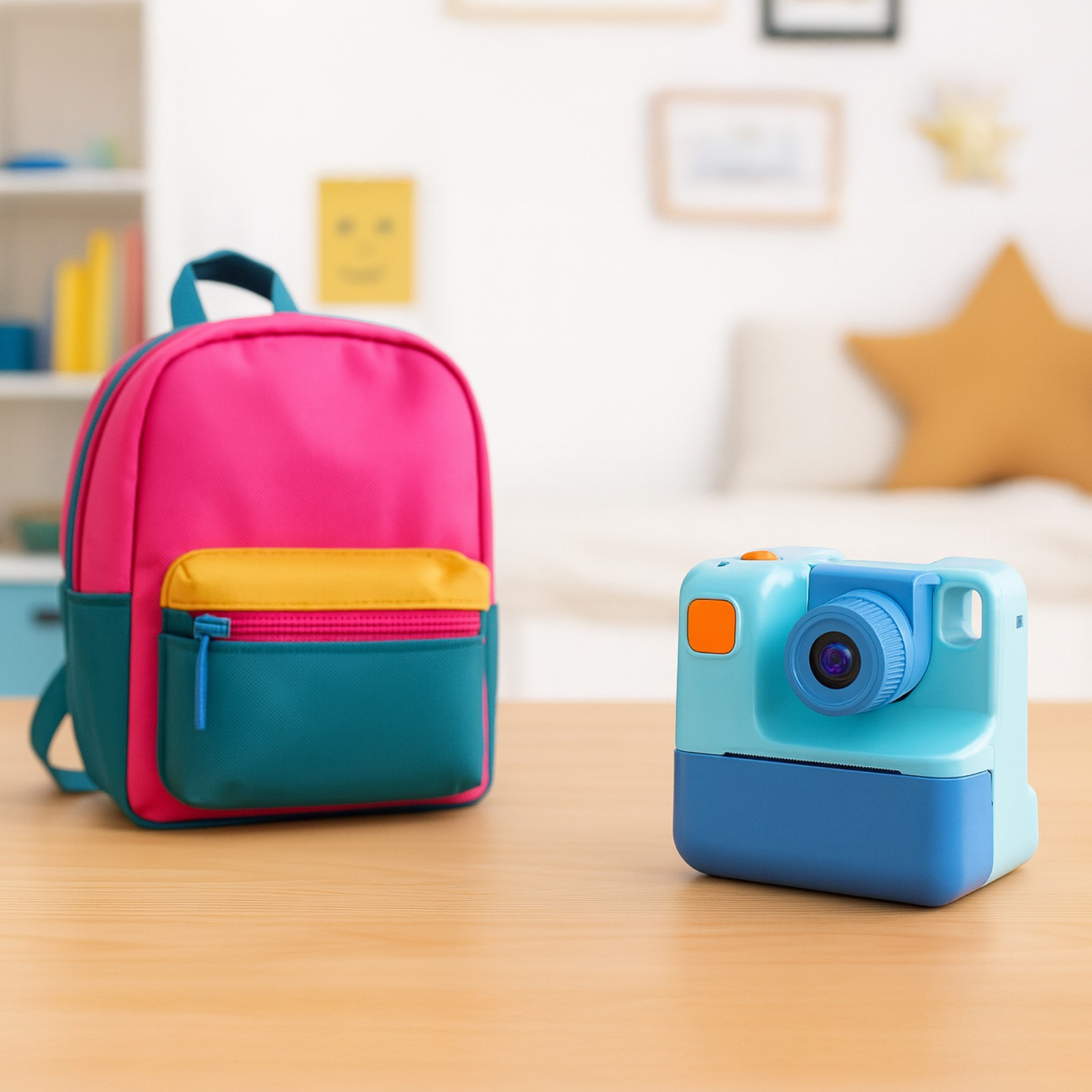 Różowy, turkusowy i żółty plecak stoi obok niebiesko-turkusowego zabawkowego aparatu na drewnianym stole.
