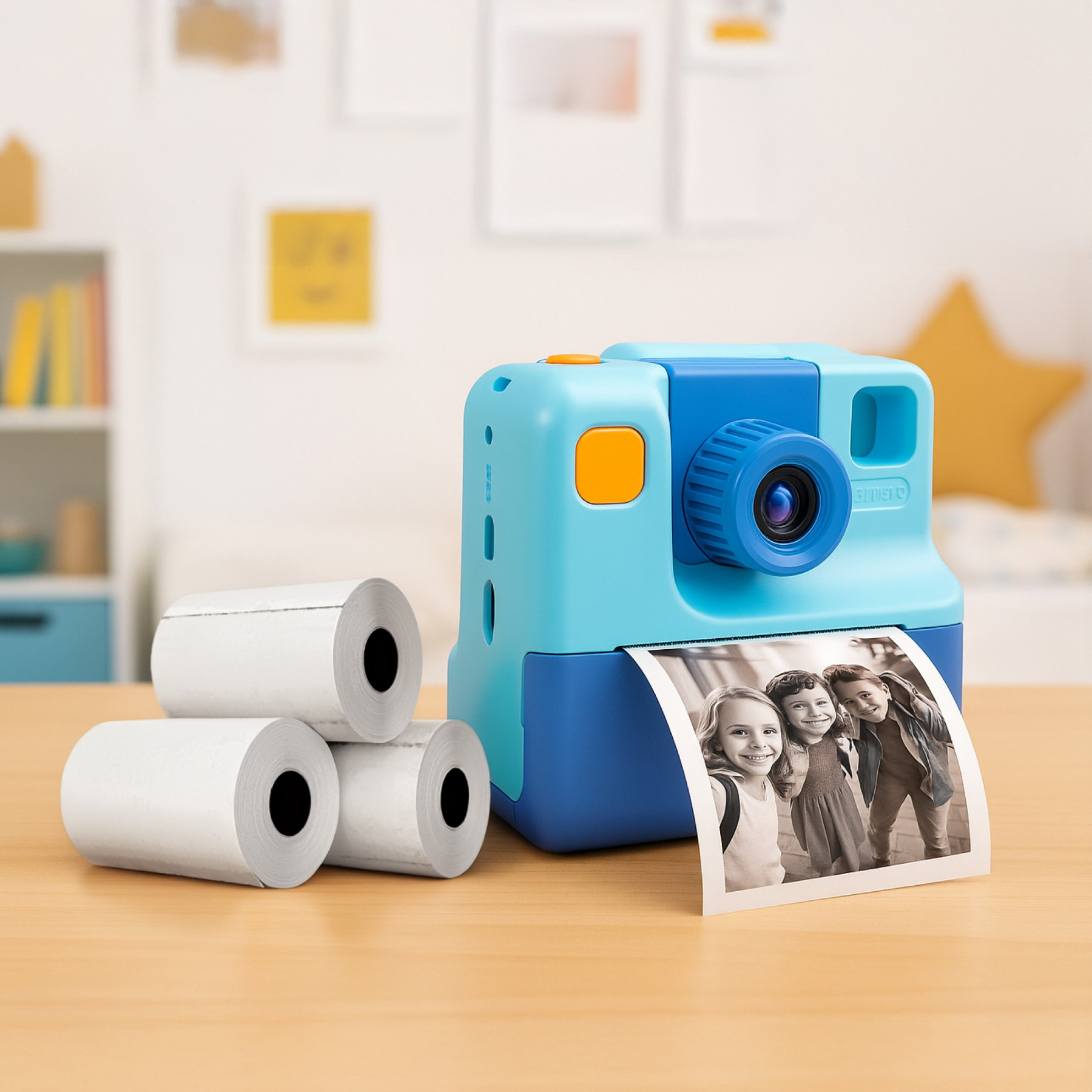 Niebiesko-cyjanowy aparat natychmiastowy drukujący zdjęcie trojga uśmiechniętych dzieci. Obok leżą rolki papieru.