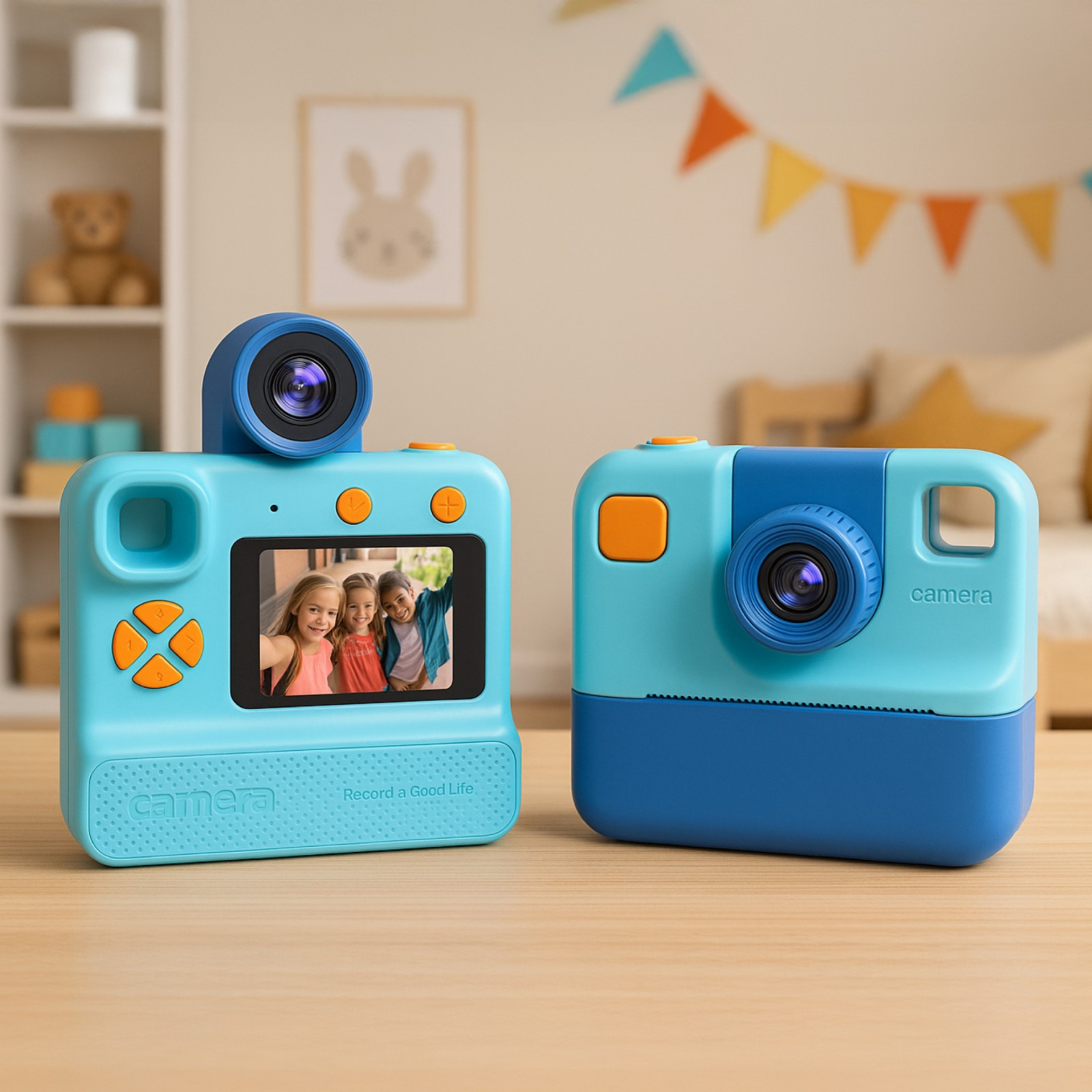 Dwa niebieskie aparaty na drewnianym stole. Jeden wyświetla zdjęcie trojga dzieci. Obrazek z królikiem i girlanda w tle.