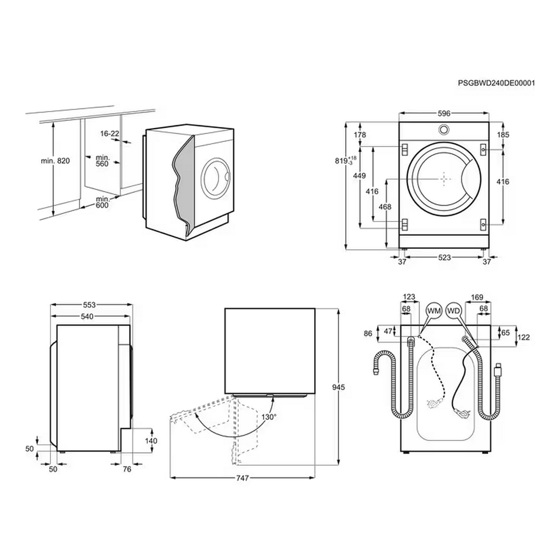 Diagramma di una lavatrice con dimensioni e dettagli tecnici, incluse viste laterali, frontali e superiori.