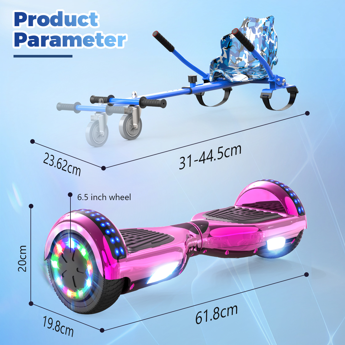 Un hoverboard rosa e un sedile per hoverboard blu. Le dimensioni sono indicate in cm. L'hoverboard ha luci colorate.