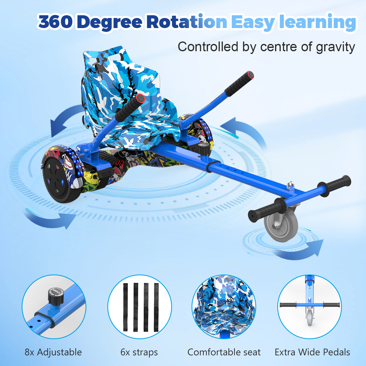 Se muestra un hoverboard azul con asiento de camuflaje. Tiene manijas y ruedas. También hay detalles de piezas ajustables y correas.