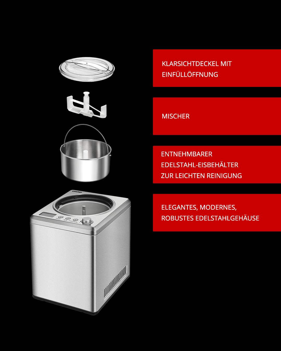 Maszyna do lodów z odłączonymi częściami: pokrywka, mikser, pojemnik wewnętrzny i główna maszyna. Wykonana ze stali nierdzewnej.