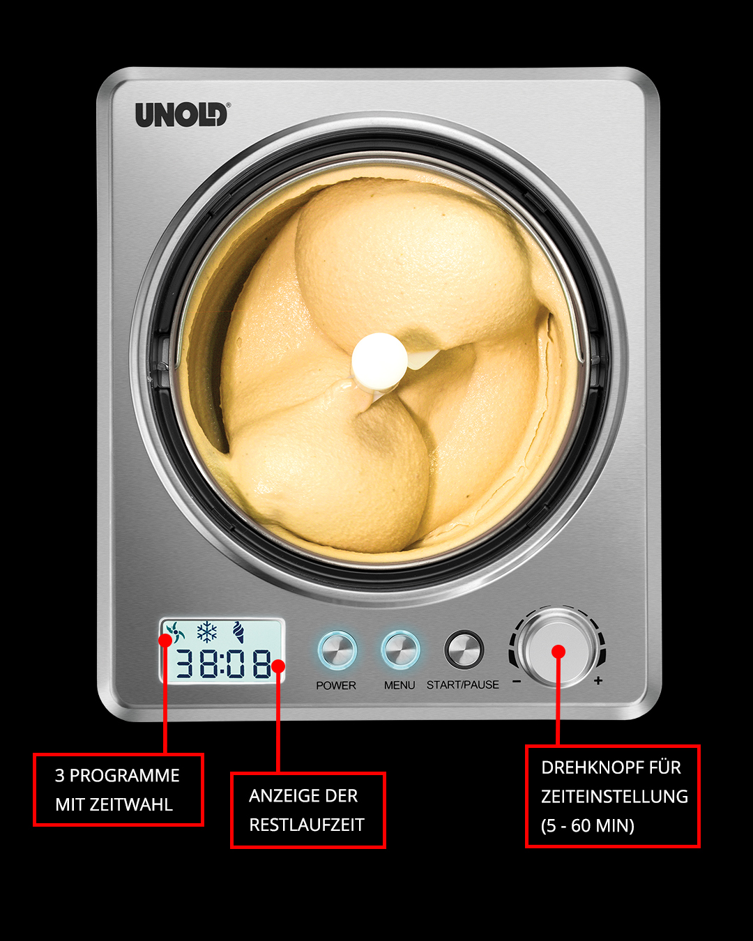 Maszyna do lodów z timerem pokazującym 38:08. Maszyna ma pokrętło, przyciski i pojemnik z lodami w środku.