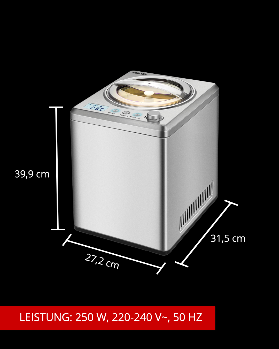 Eine silberne Eismaschine mit Abmessungen, Digitalanzeige und der Marke UNOLD auf schwarzem Hintergrund.