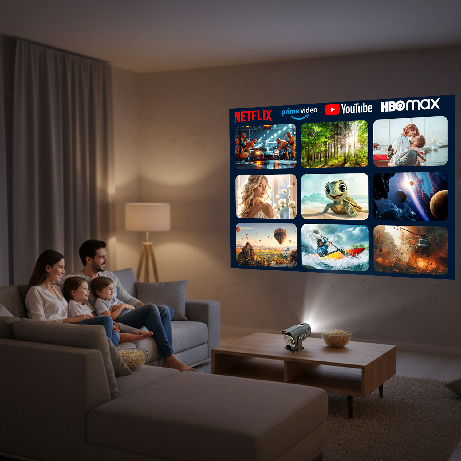 Rodzina ogląda filmy wyświetlane na ścianie. Projektor stoi na stole. Widoczny popcorn. Scena jest w pomieszczeniu.