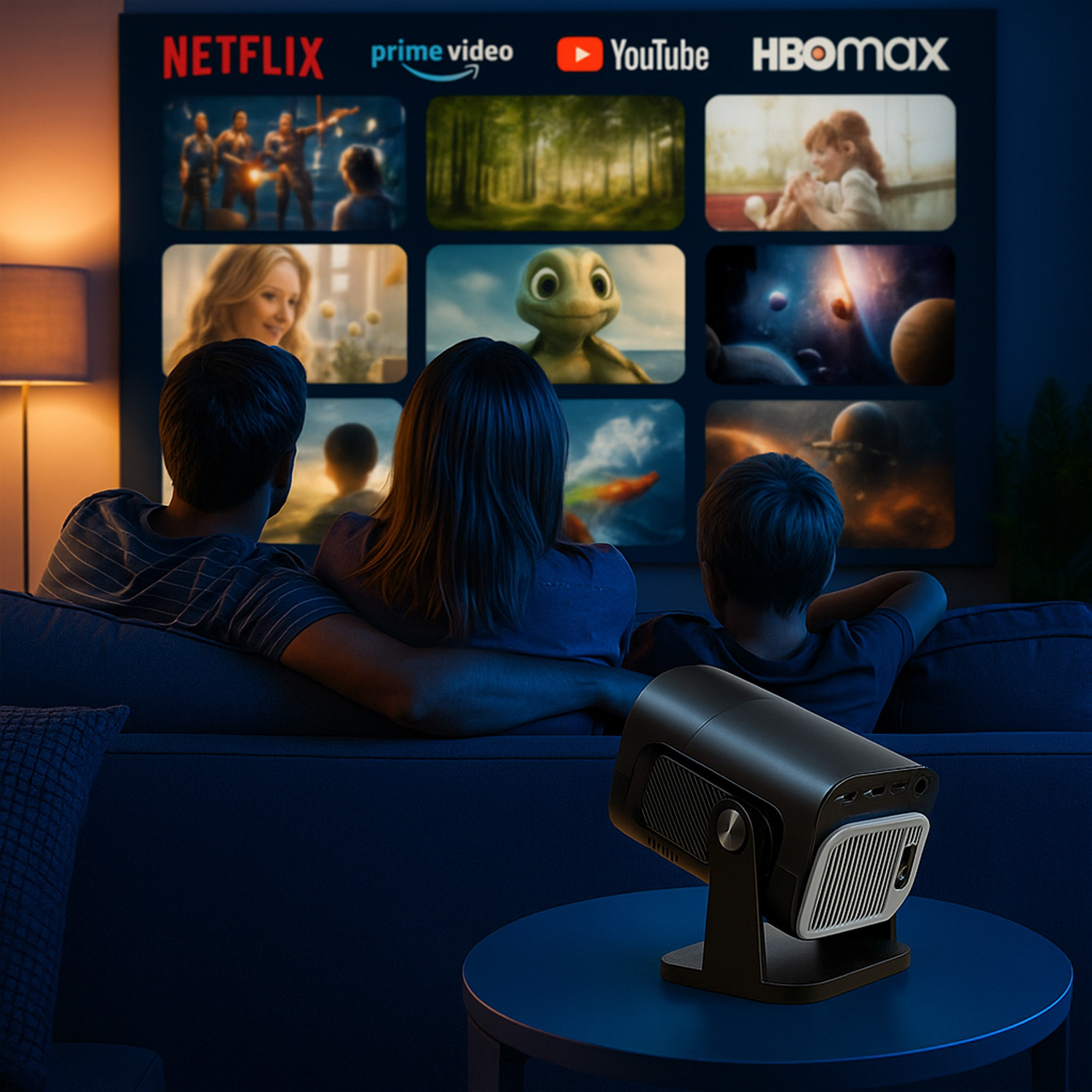 Rodzina ogląda film na dużym ekranie, wyświetlany przez mały czarny projektor na stole.