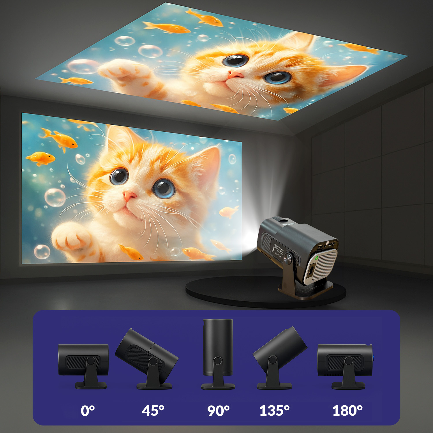 Projektor wyświetla obraz kota z rybami na ścianie i suficie. Poniżej opcje kąta projektora: 0°, 45°, 90°, 135° i 180°.