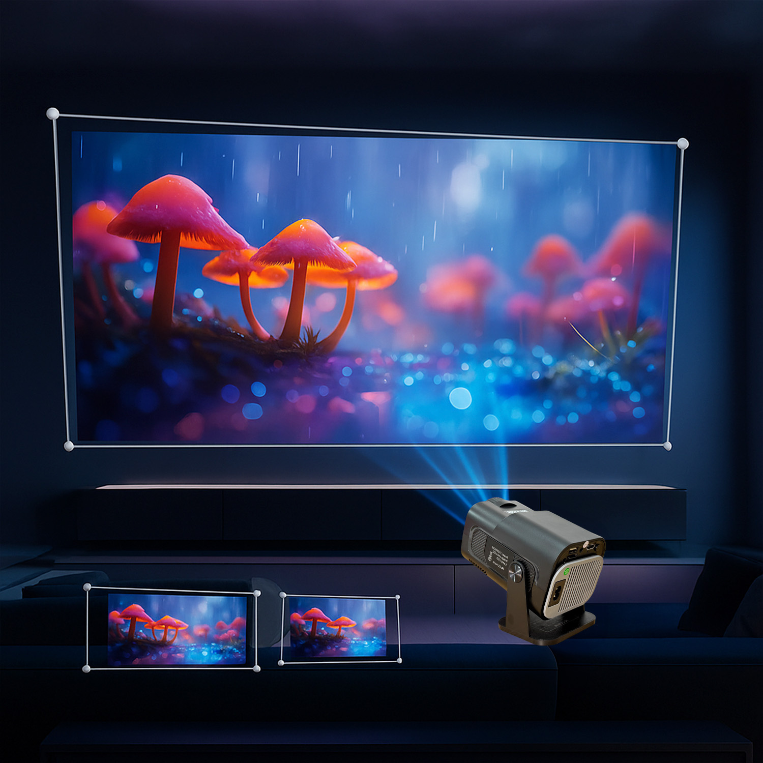 Projektor wyświetla scenę z lasem grzybów. Dwa mniejsze ekrany pokazują ten sam obraz. Pokój jest ciemny i nowoczesny.